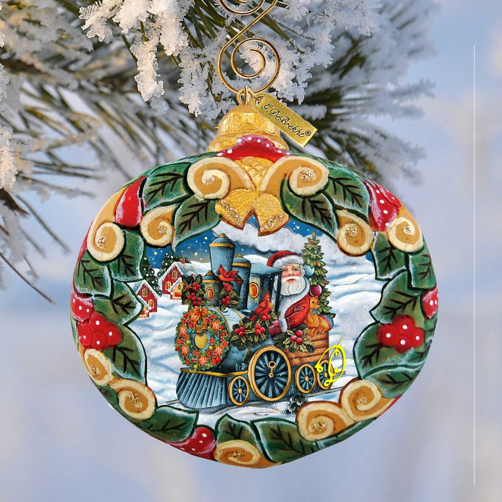 Santa Express Wreath Sculpted Hand-Painted Christmas Ornament by G. DeBrekht - Santa Snowman Christmas Decor - 610315