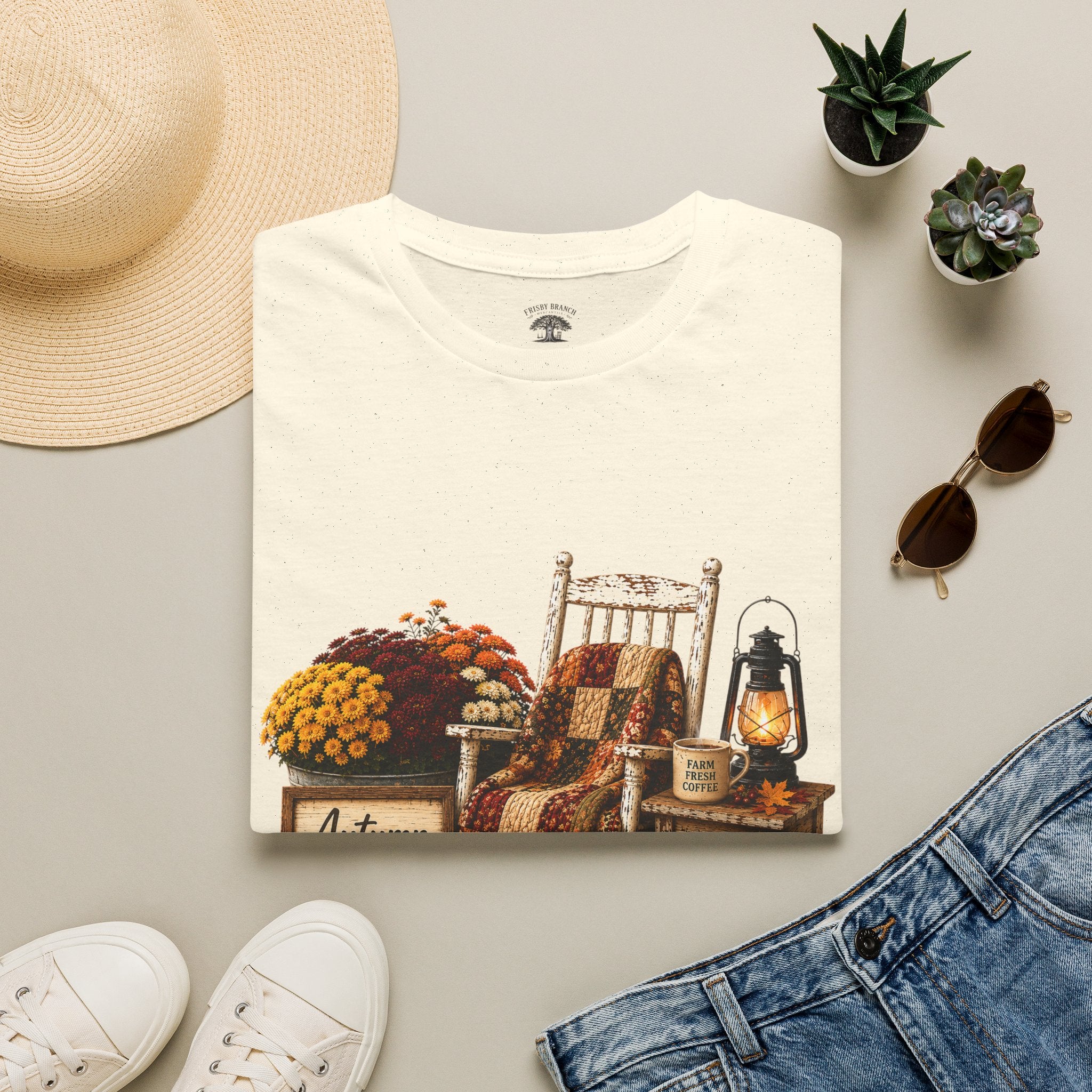 Fall Farmhouse Chair T‑Shirt — Autumn Pumpkins, Quilted Chair & Lantern Tee
