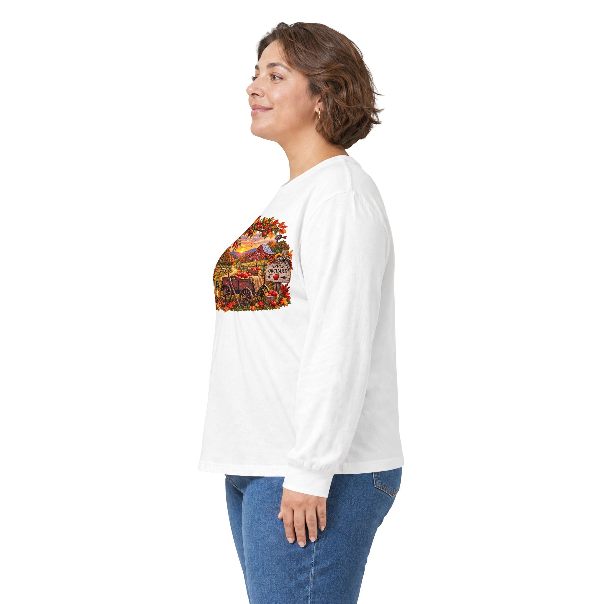 Long Sleeve Tee — Autumn Harvest Scenic Cabin with Pumpkins & Lanterns