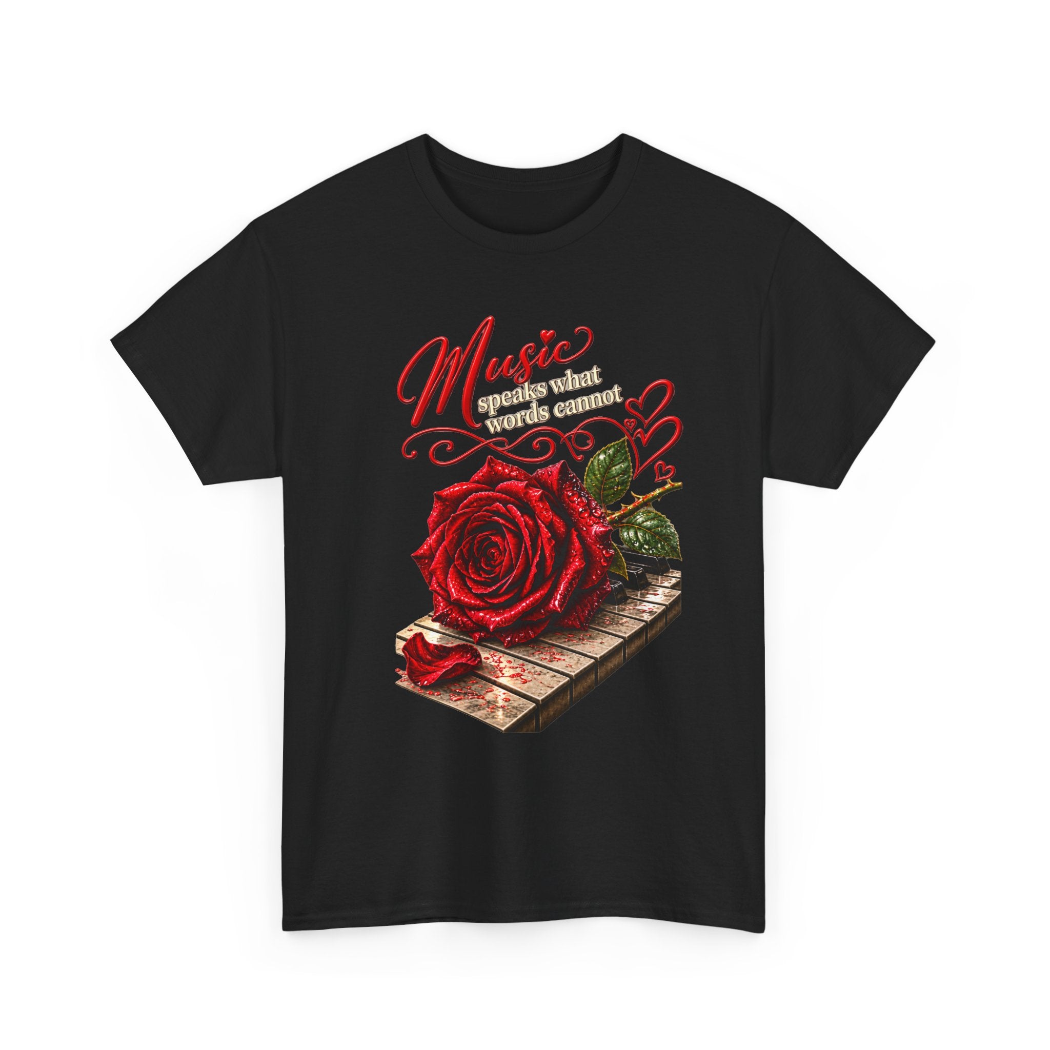 Rose & Piano Graphic Tee — "Music Speaks What Words Cannot"