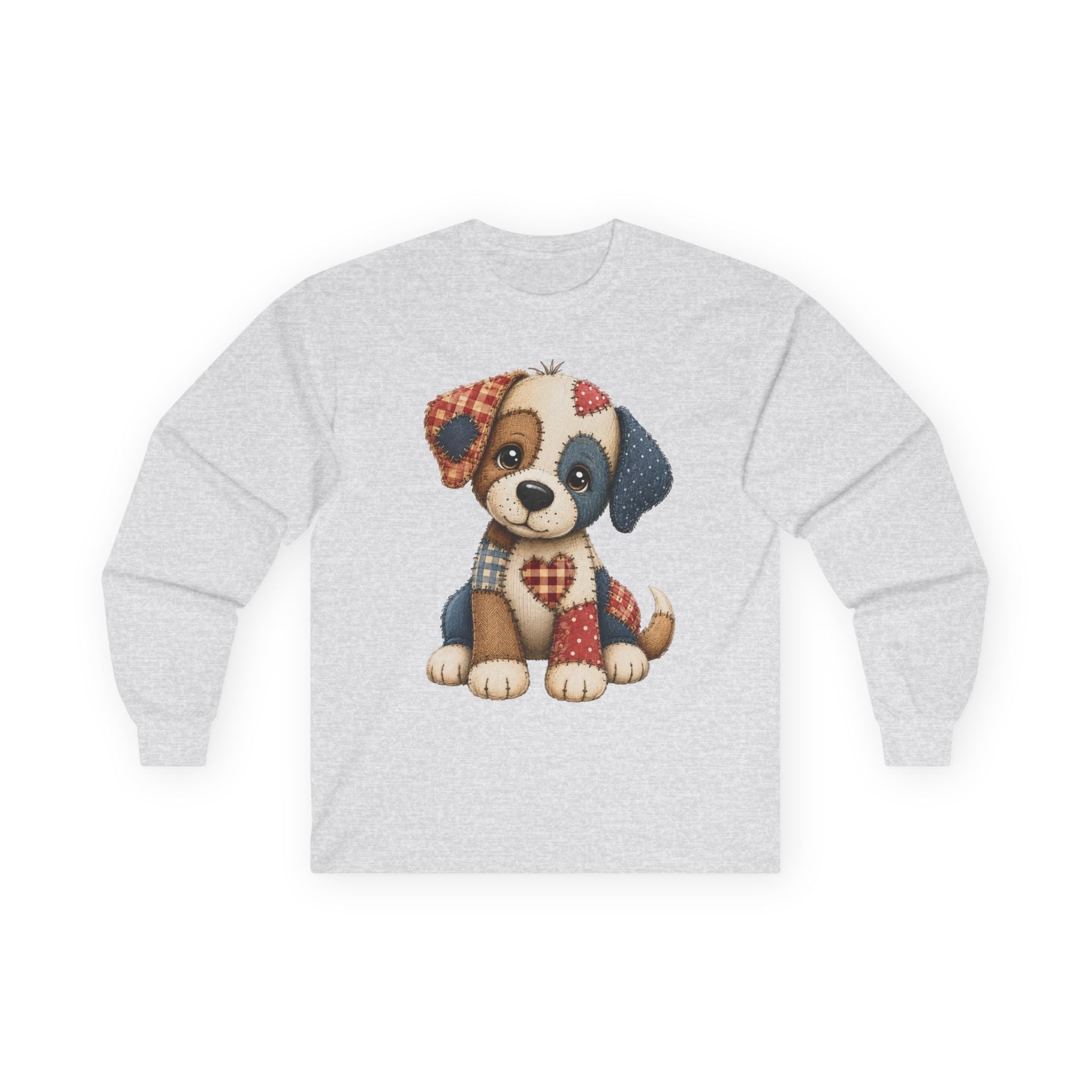 Cute Patchwork Puppy Long Sleeve Tee — Adorable Valentine Dog Graphic Shirt