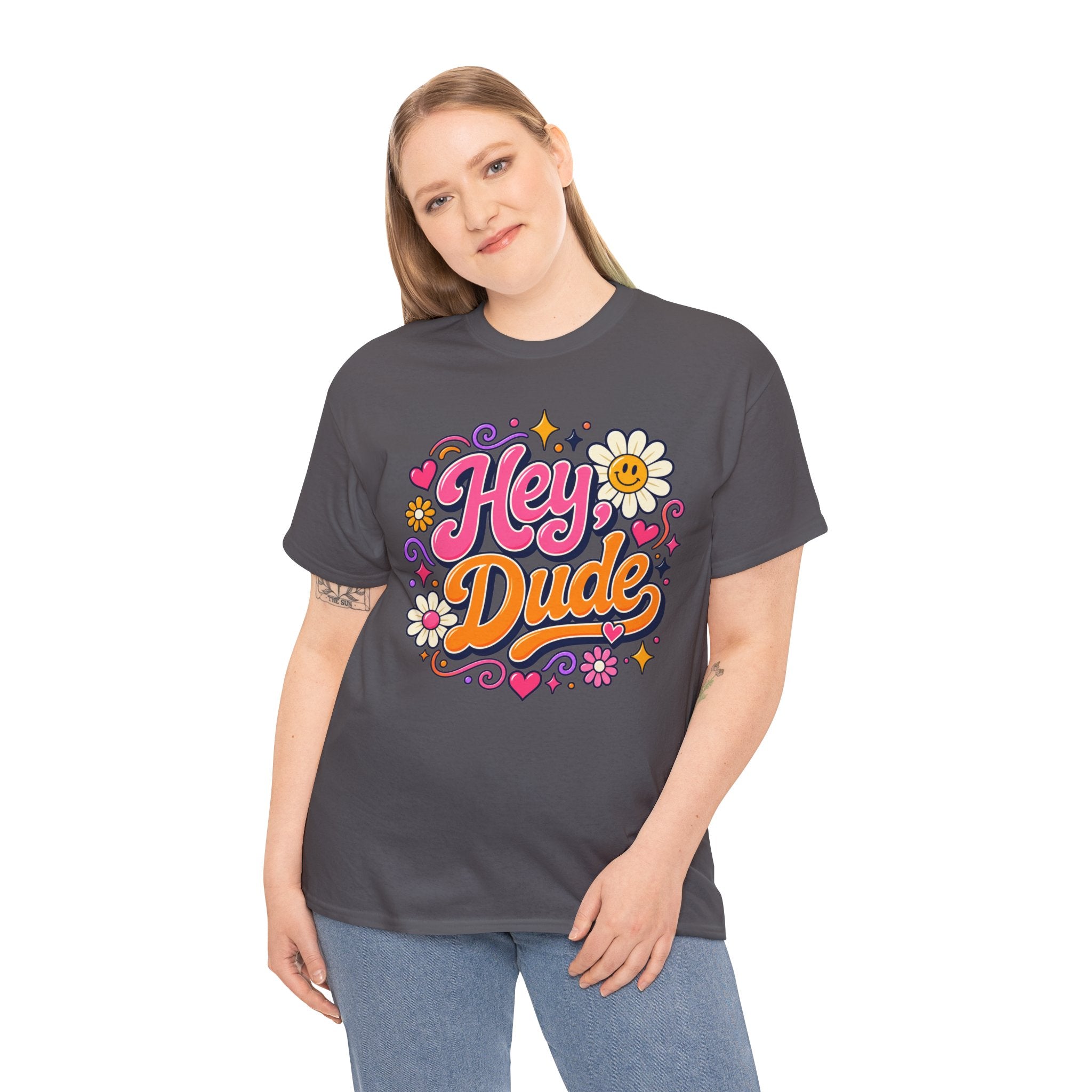 Hey Dude Floral Graphic Tee — Retro 70s Vibe Casual Shirt