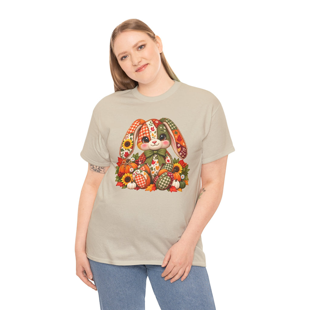 Autumn Patchwork Bunny T-Shirt — Cute Fall Bunny with Pumpkins & Sunflowers