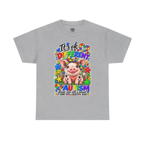Autism Awareness Pig T-Shirt – "It's OK to Be Different" Colorful Puzzle Tee