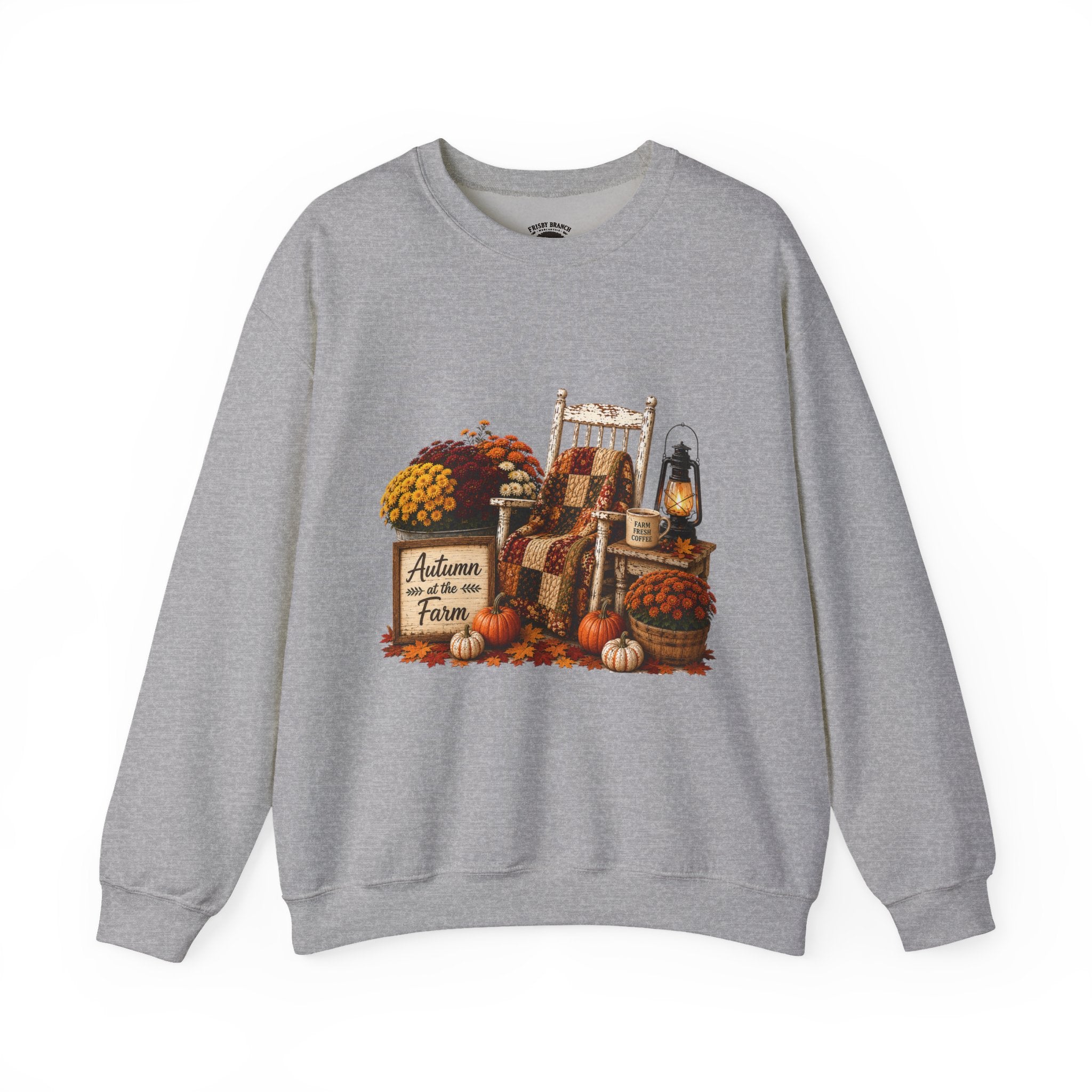 Autumn on the Farm Crewneck Sweatshirt — Fall Pumpkin & Mums Cozy Graphic