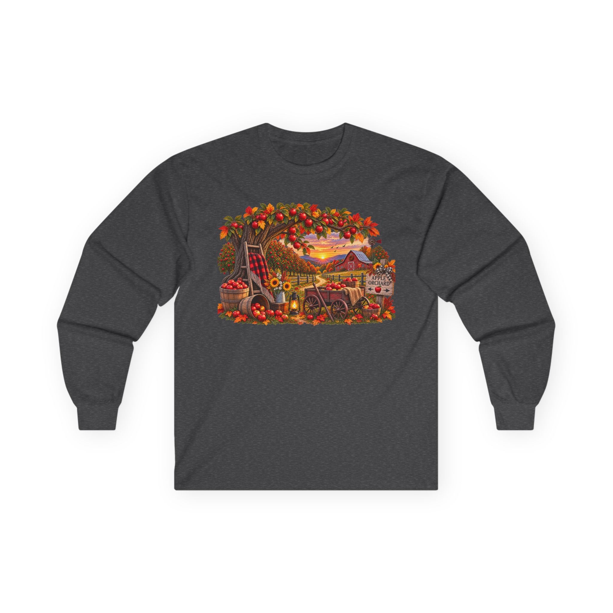 Long Sleeve Tee — Autumn Harvest Scenic Cabin with Pumpkins & Lanterns