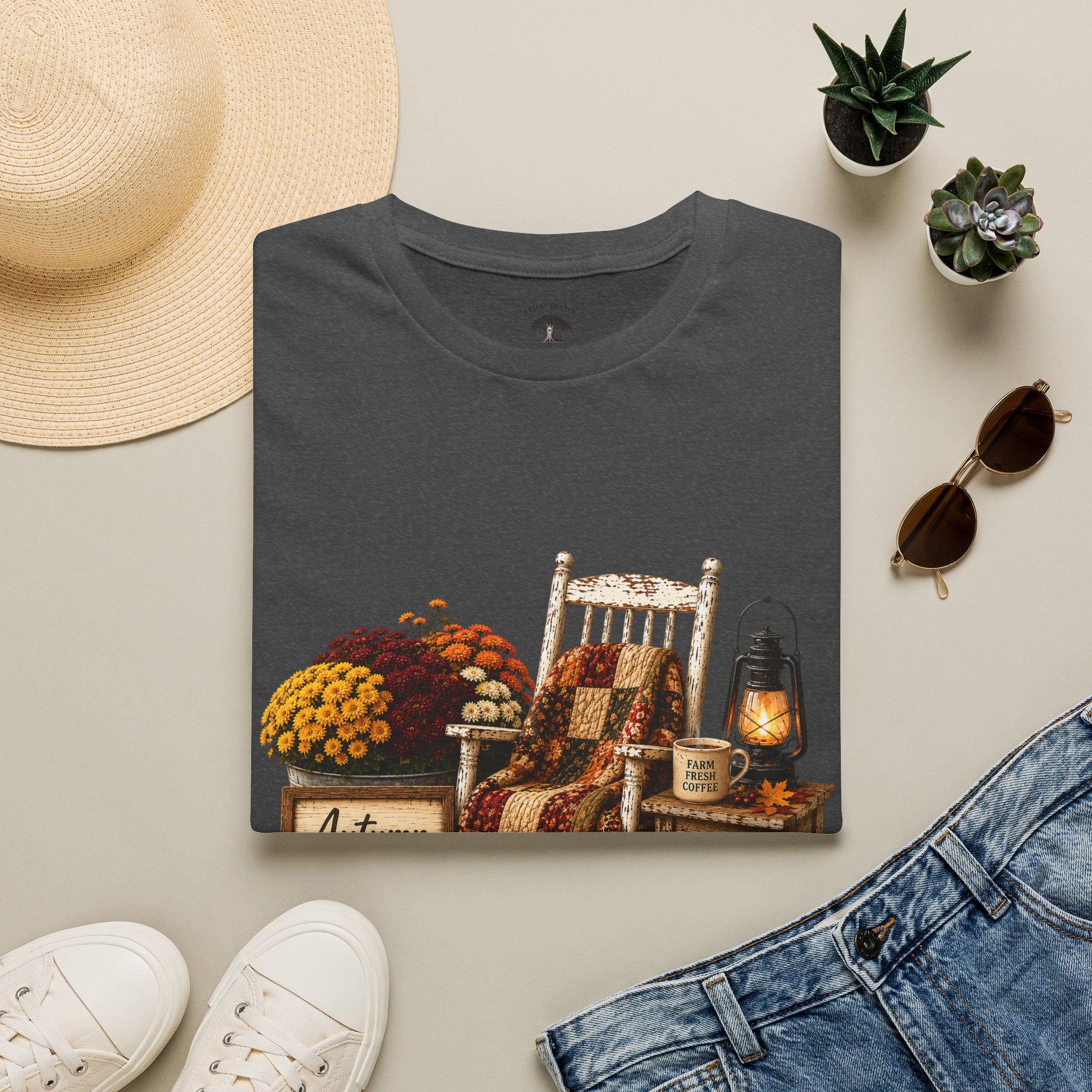 Fall Farmhouse Chair T‑Shirt — Autumn Pumpkins, Quilted Chair & Lantern Tee