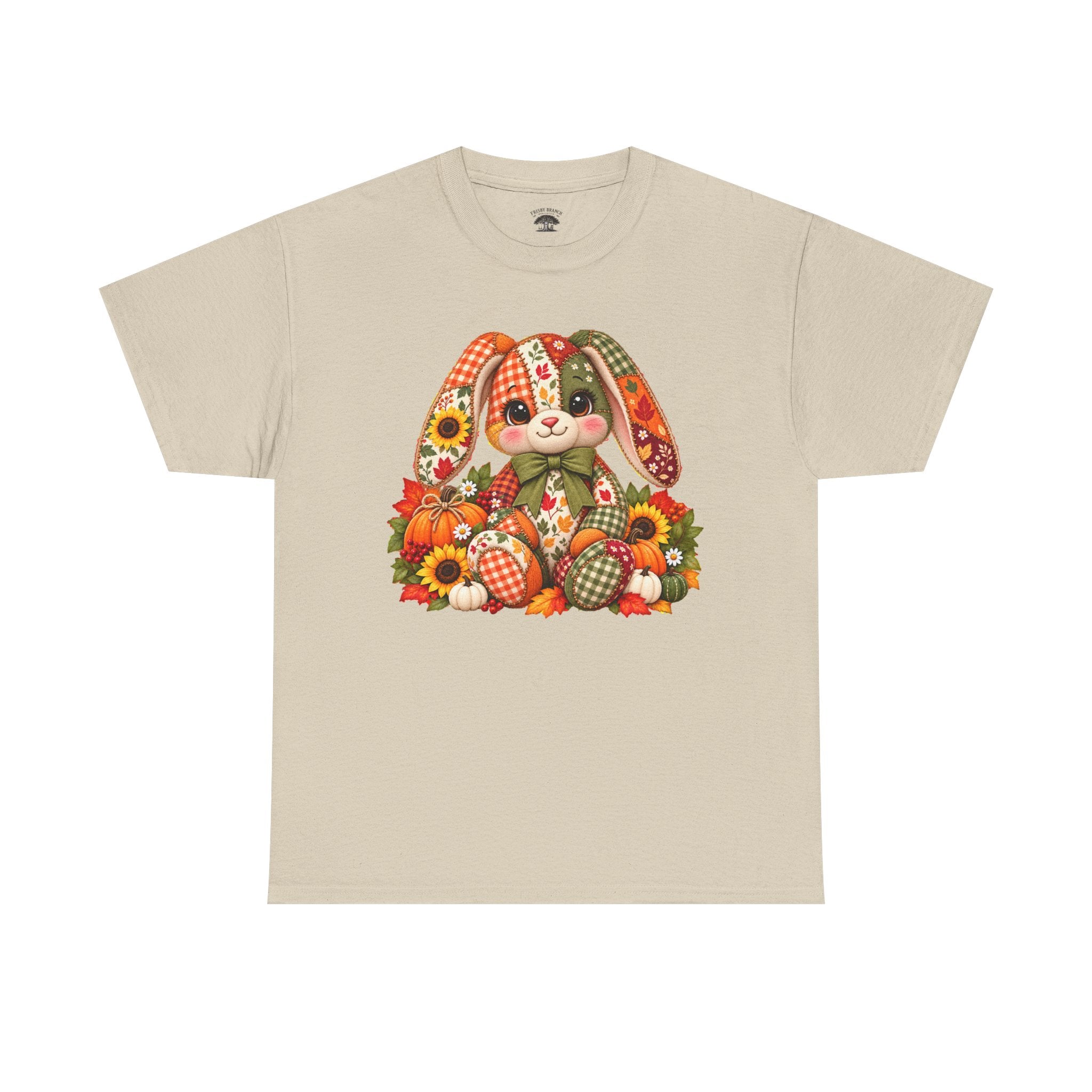 Autumn Patchwork Bunny T-Shirt — Cute Fall Bunny with Pumpkins & Sunflowers