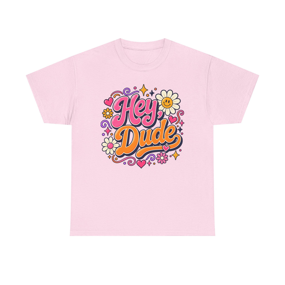 Hey Dude Floral Graphic Tee — Retro 70s Vibe Casual Shirt