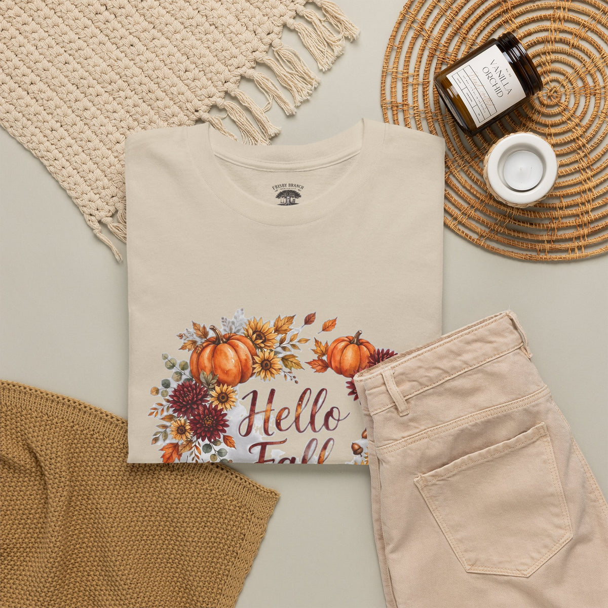 Hello Fall Watercolor T-Shirt — Fall Pumpkins & Sunflowers Graphic Tee