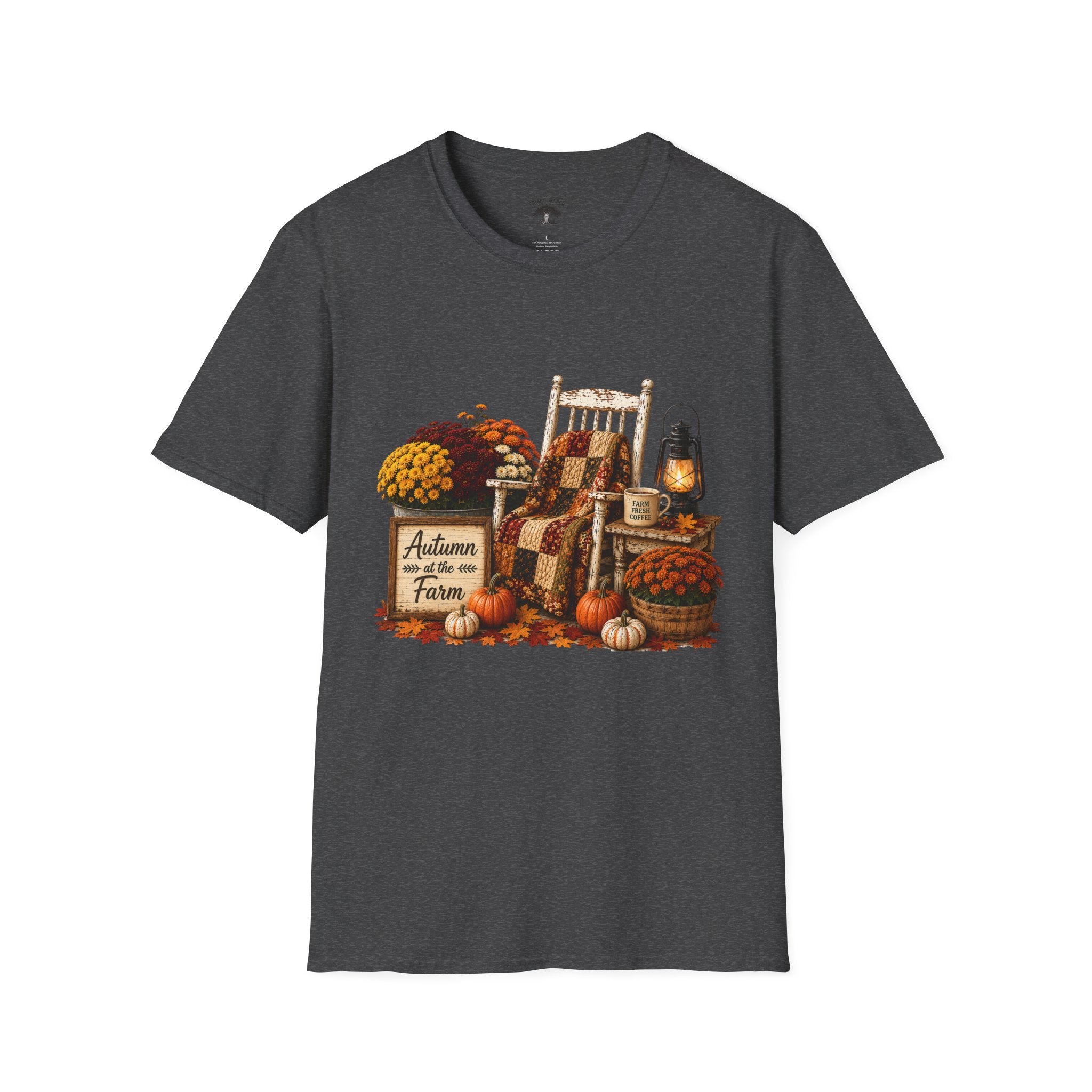 Fall Farmhouse Chair T‑Shirt — Autumn Pumpkins, Quilted Chair & Lantern Tee