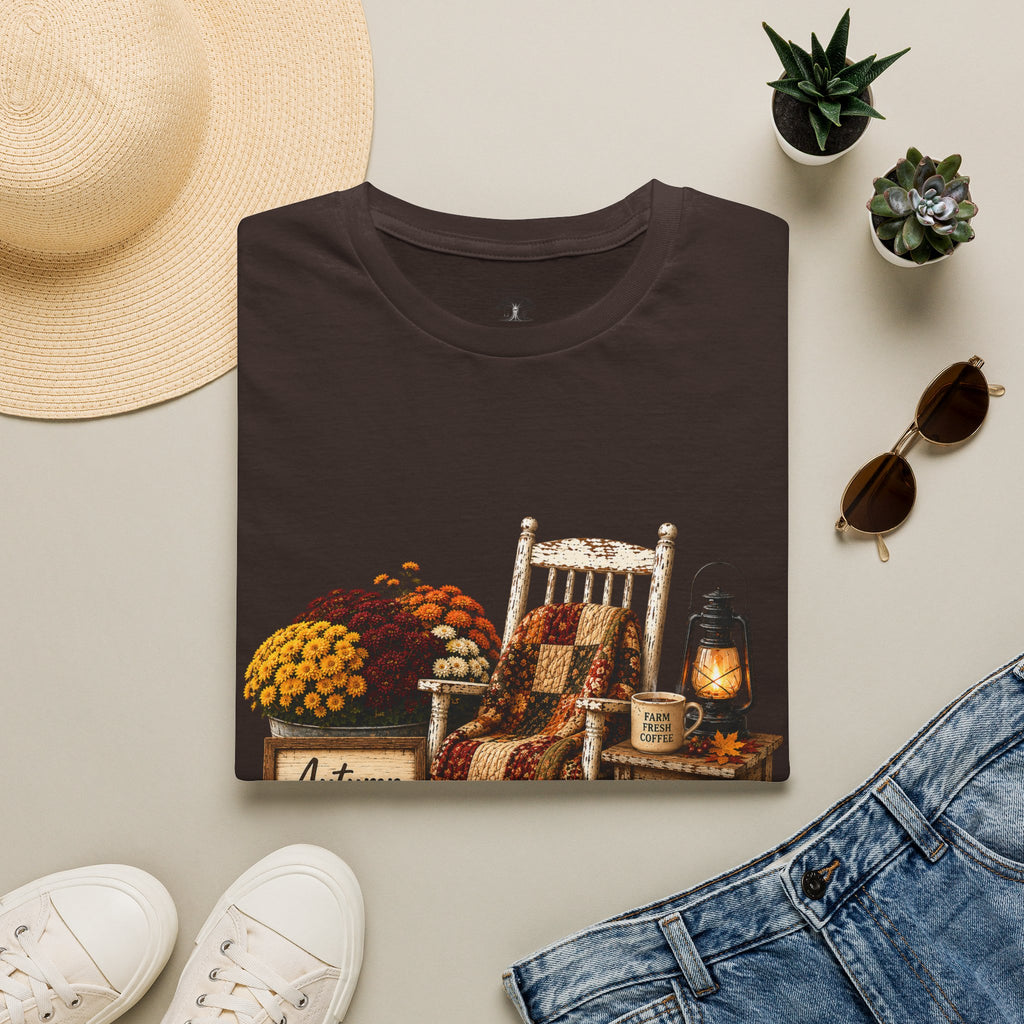 Fall Farmhouse Chair T‑Shirt — Autumn Pumpkins, Quilted Chair & Lantern Tee