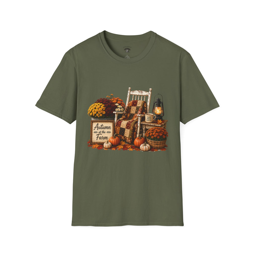 Fall Farmhouse Chair T‑Shirt — Autumn Pumpkins, Quilted Chair & Lantern Tee