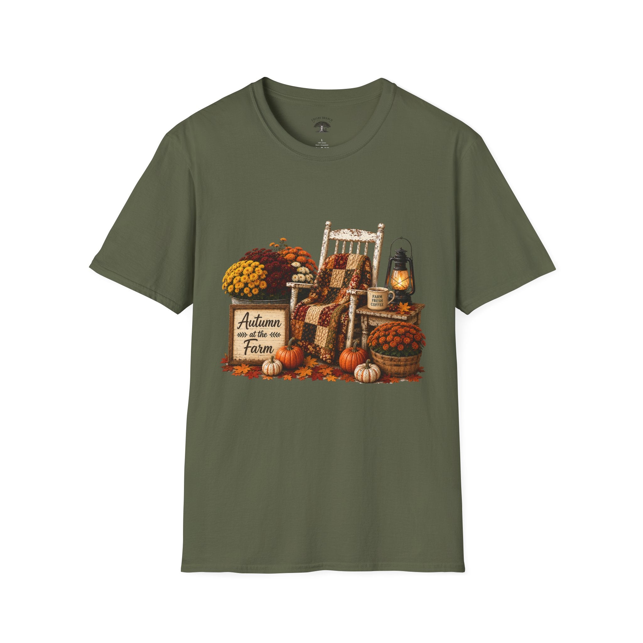 Fall Farmhouse Chair T‑Shirt — Autumn Pumpkins, Quilted Chair & Lantern Tee