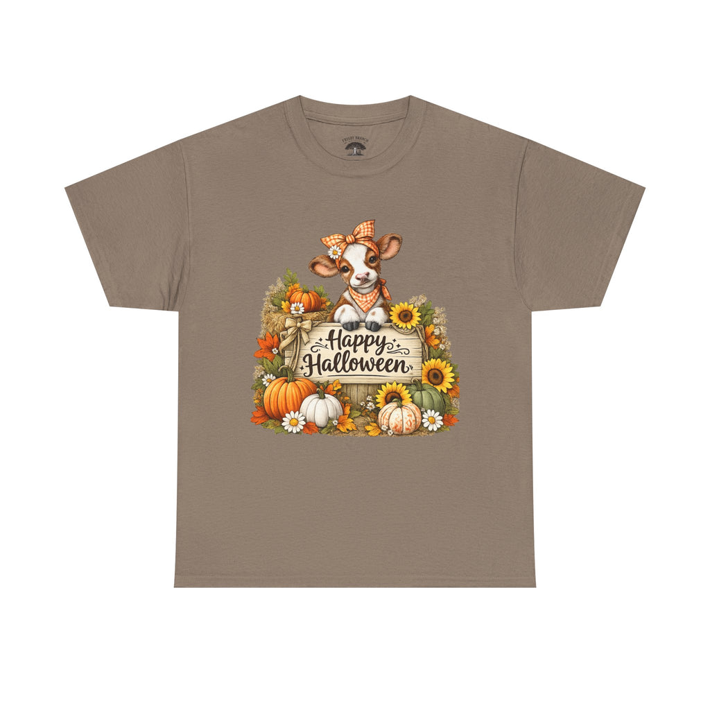 Halloween Cow T‑Shirt — Cute Cow with Pumpkins & "Happy Halloween" Fall Tee
