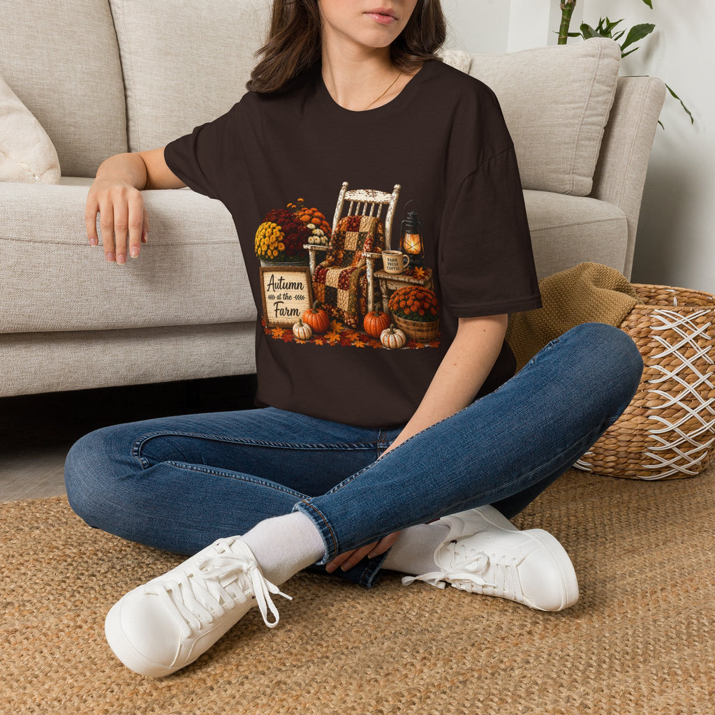 Fall Farmhouse Chair T‑Shirt — Autumn Pumpkins, Quilted Chair & Lantern Tee