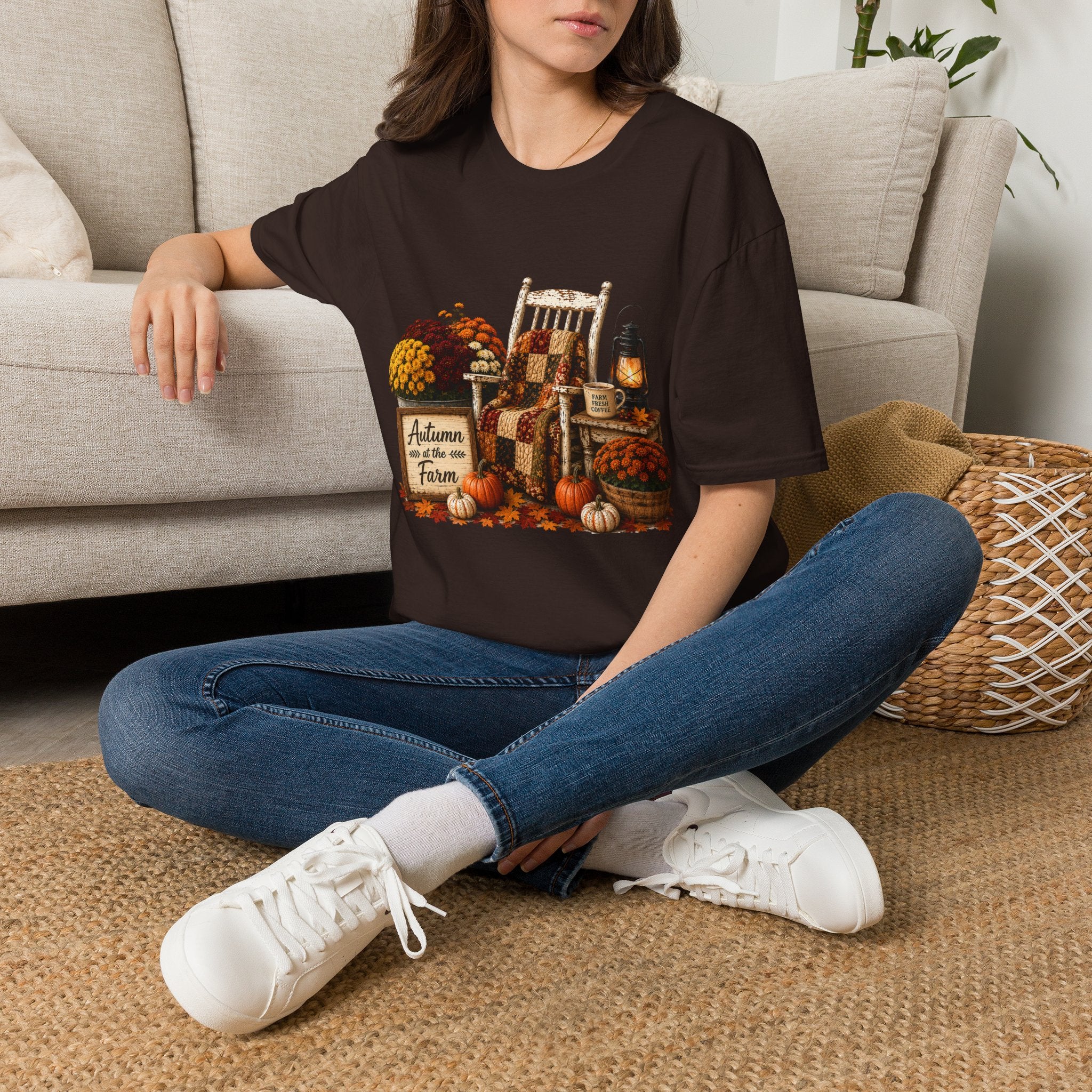 Fall Farmhouse Chair T‑Shirt — Autumn Pumpkins, Quilted Chair & Lantern Tee