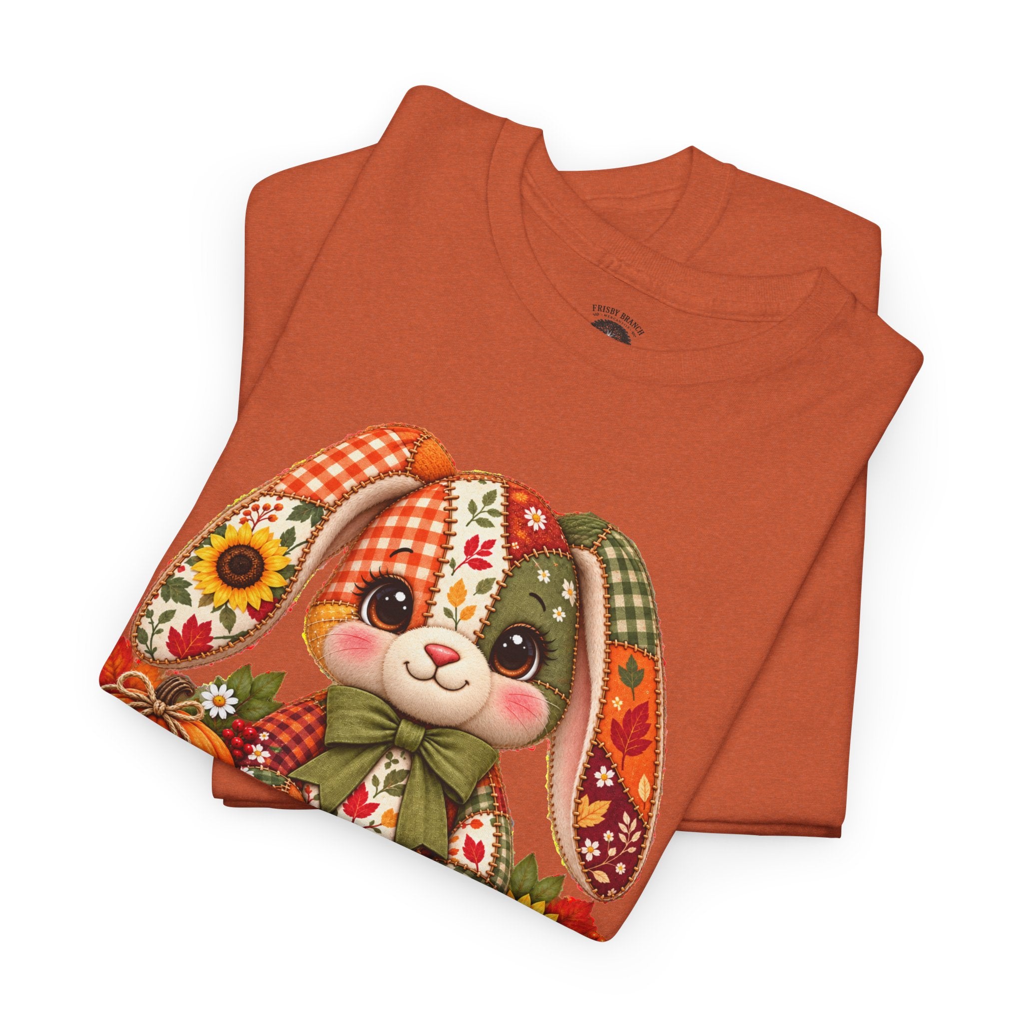 Autumn Patchwork Bunny T-Shirt — Cute Fall Bunny with Pumpkins & Sunflowers
