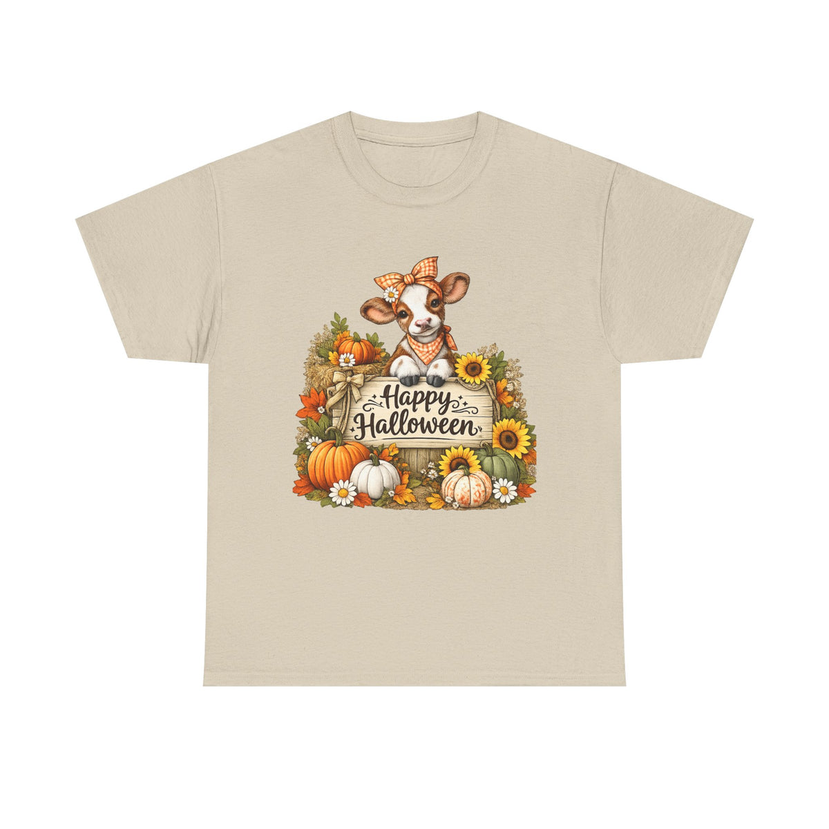 Halloween Cow T‑Shirt — Cute Cow with Pumpkins & "Happy Halloween" Fall Tee