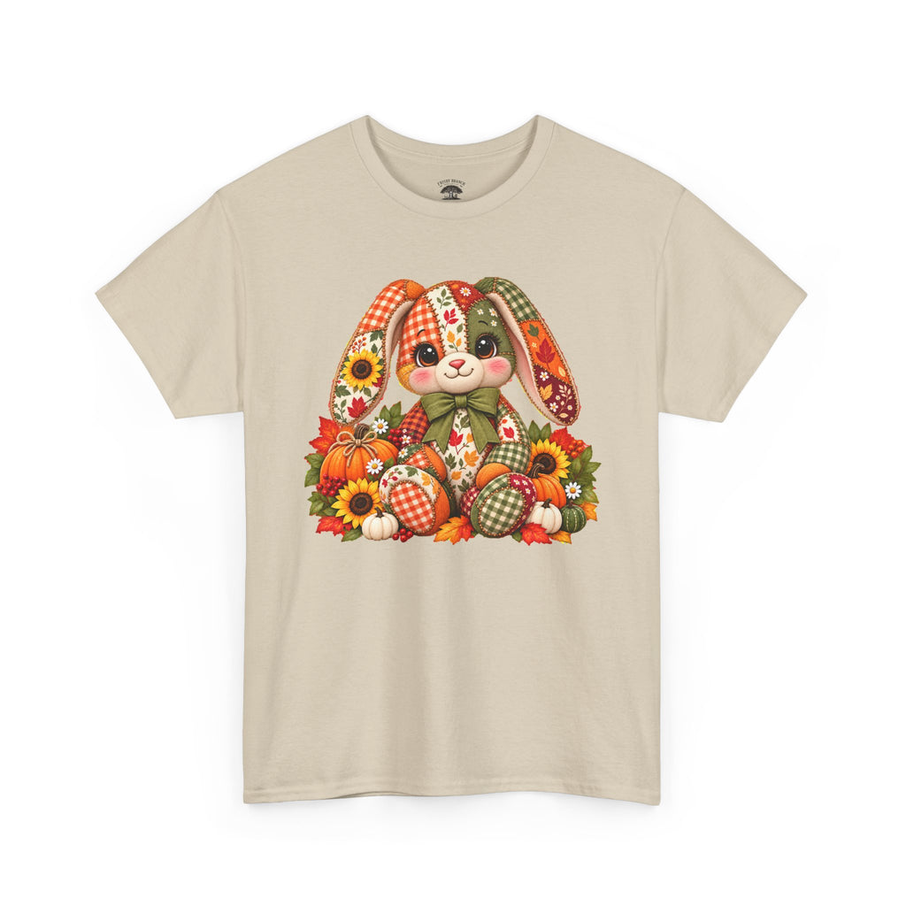 Autumn Patchwork Bunny T-Shirt — Cute Fall Bunny with Pumpkins & Sunflowers