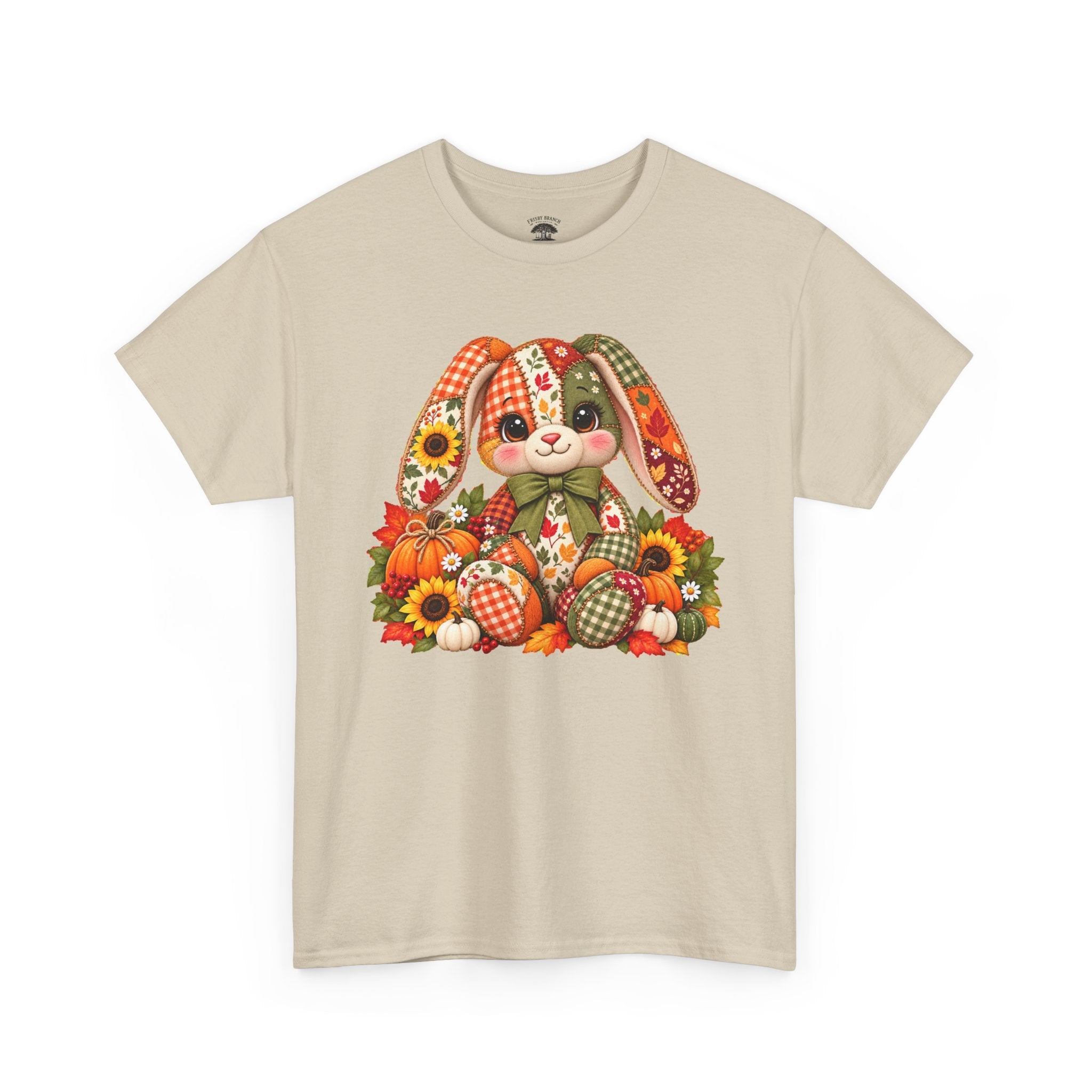 Autumn Patchwork Bunny T-Shirt — Cute Fall Bunny with Pumpkins & Sunflowers