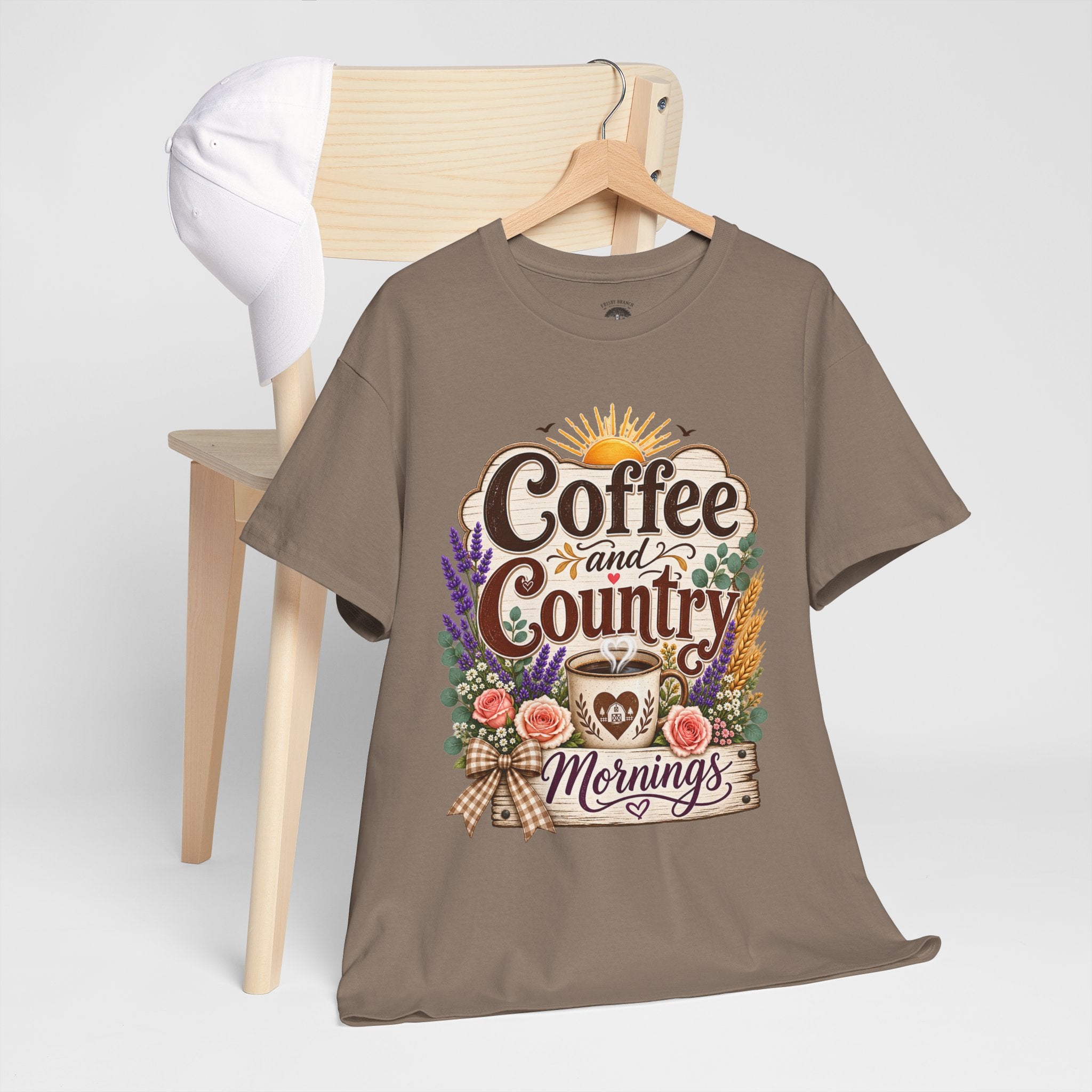 Coffee and Country Mornings Tee — Rustic Floral Coffee Lover Shirt