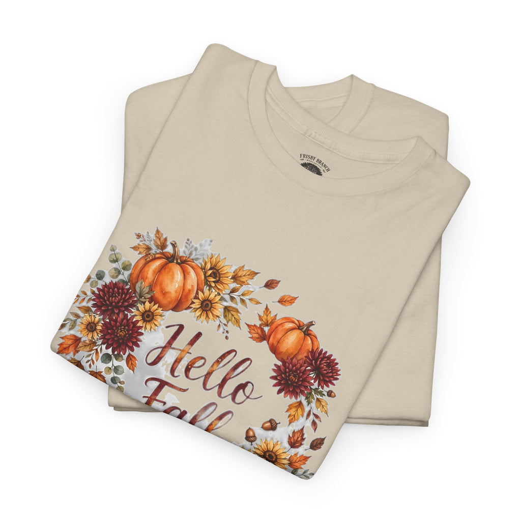 Hello Fall Watercolor T-Shirt — Fall Pumpkins & Sunflowers Graphic Tee