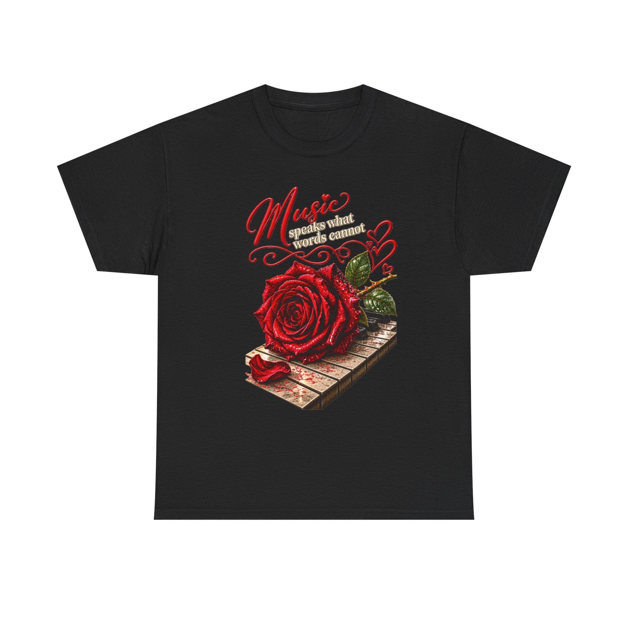 Rose & Piano Graphic Tee — "Music Speaks What Words Cannot"