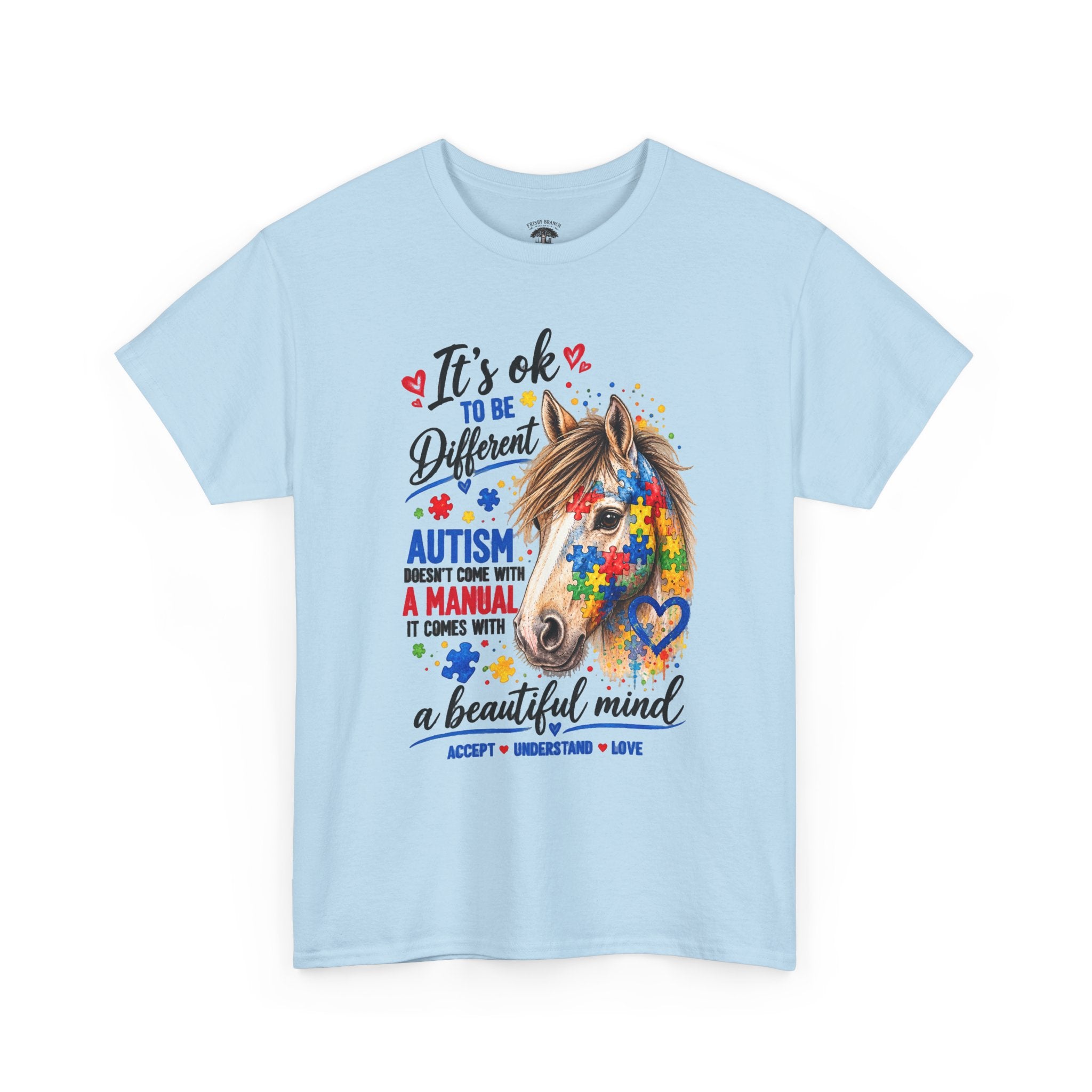 Autism Awareness Horse T-Shirt — "It's OK to Be Different" Puzzle Heart Tee