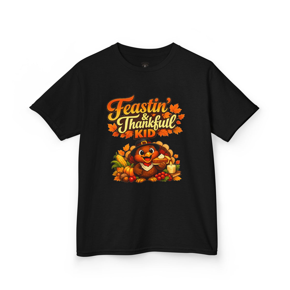 Kids Tee — "Feastin' & Thankful Kid" Thanksgiving Turkey Shirt
