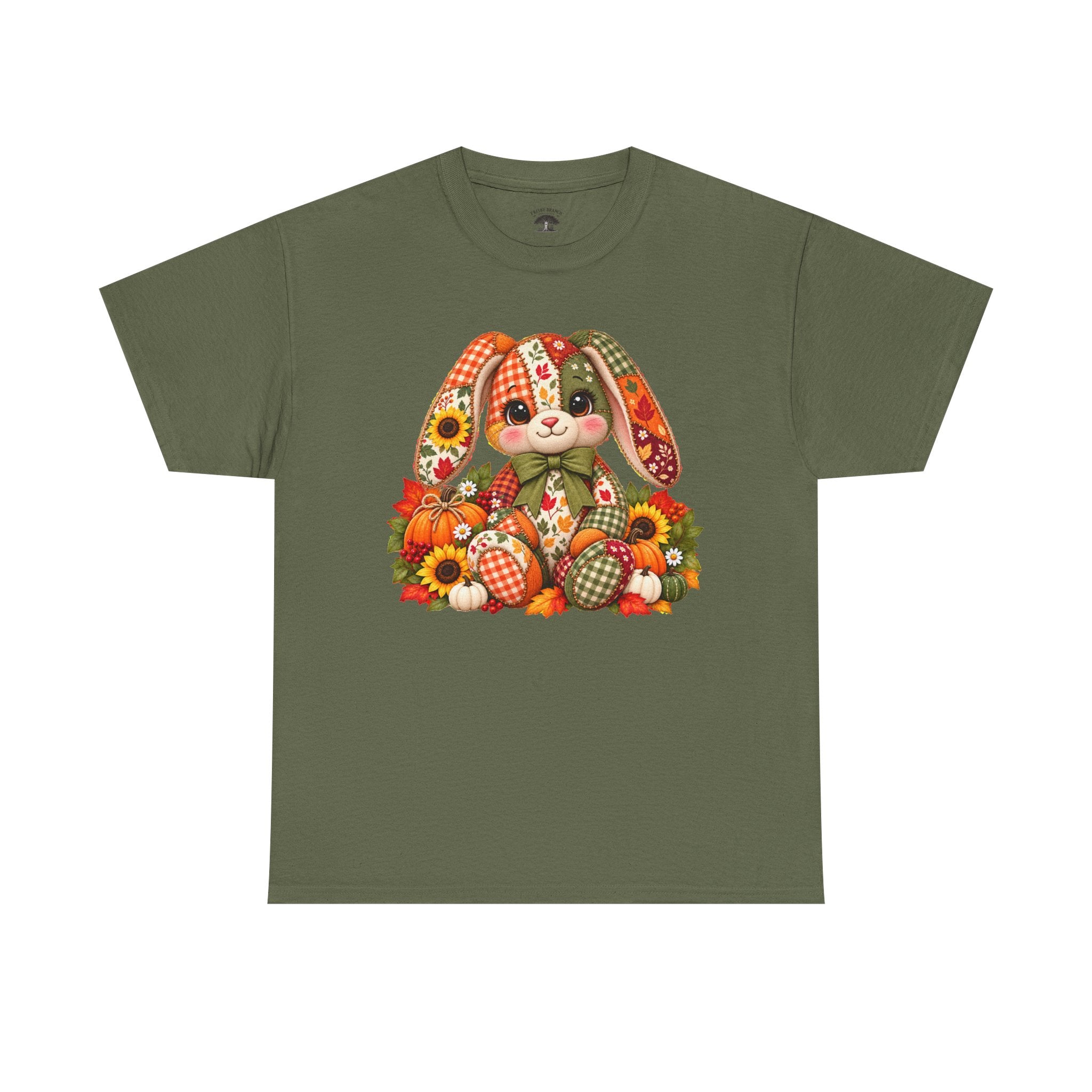 Autumn Patchwork Bunny T-Shirt — Cute Fall Bunny with Pumpkins & Sunflowers