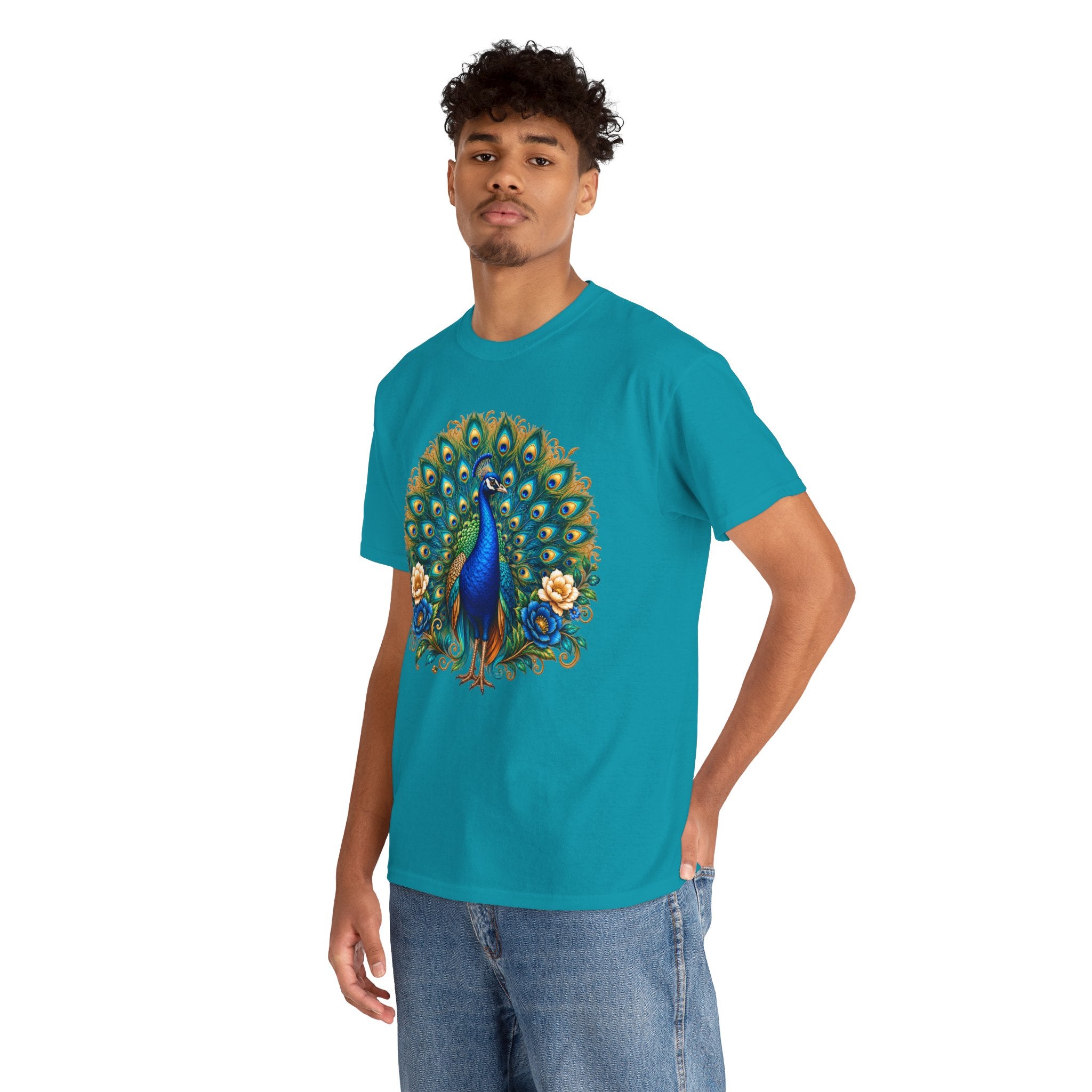 Peacock Floral Tee - Vibrant Blue Peacock Graphic Shirt
