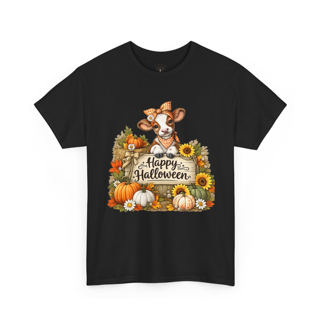 Halloween Cow T‑Shirt — Cute Cow with Pumpkins & "Happy Halloween" Fall Tee