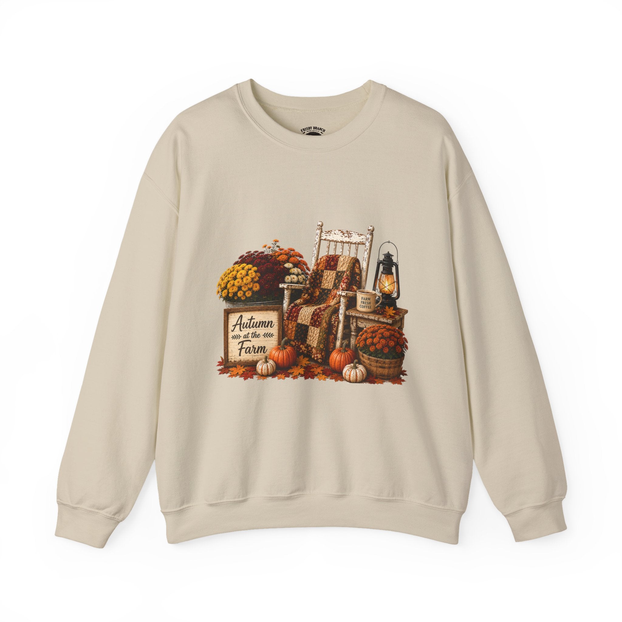 Autumn on the Farm Crewneck Sweatshirt — Fall Pumpkin & Mums Cozy Graphic