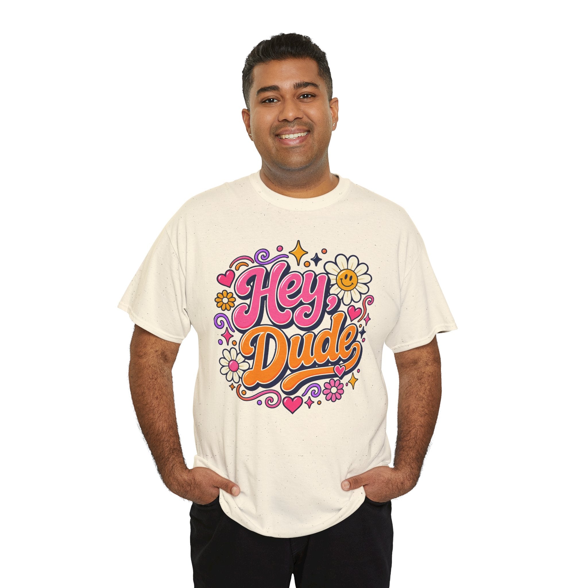 Hey Dude Floral Graphic Tee — Retro 70s Vibe Casual Shirt