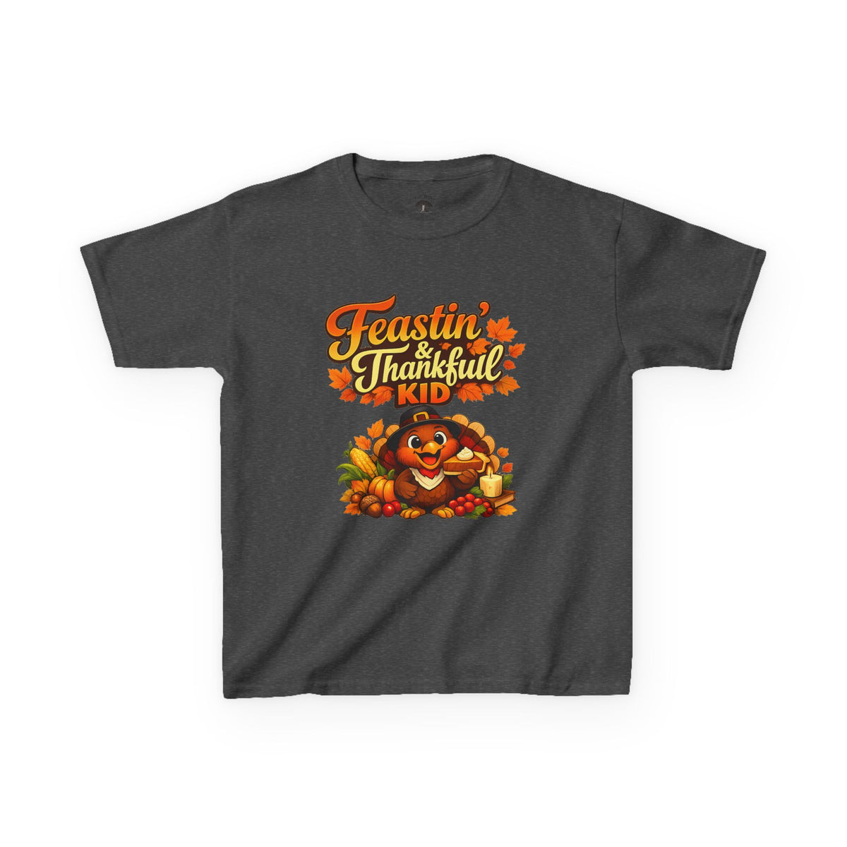 Kids Tee — "Feastin' & Thankful Kid" Thanksgiving Turkey Shirt
