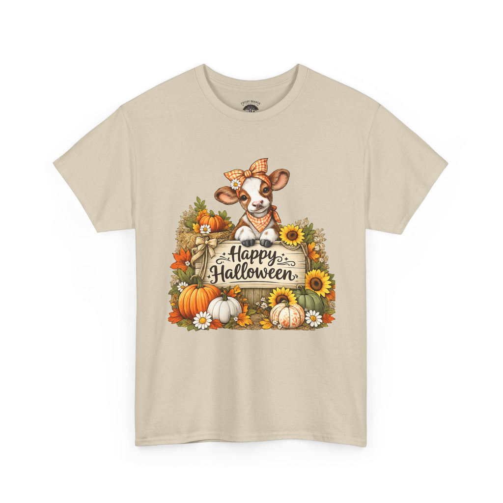 Halloween Cow T‑Shirt — Cute Cow with Pumpkins & "Happy Halloween" Fall Tee