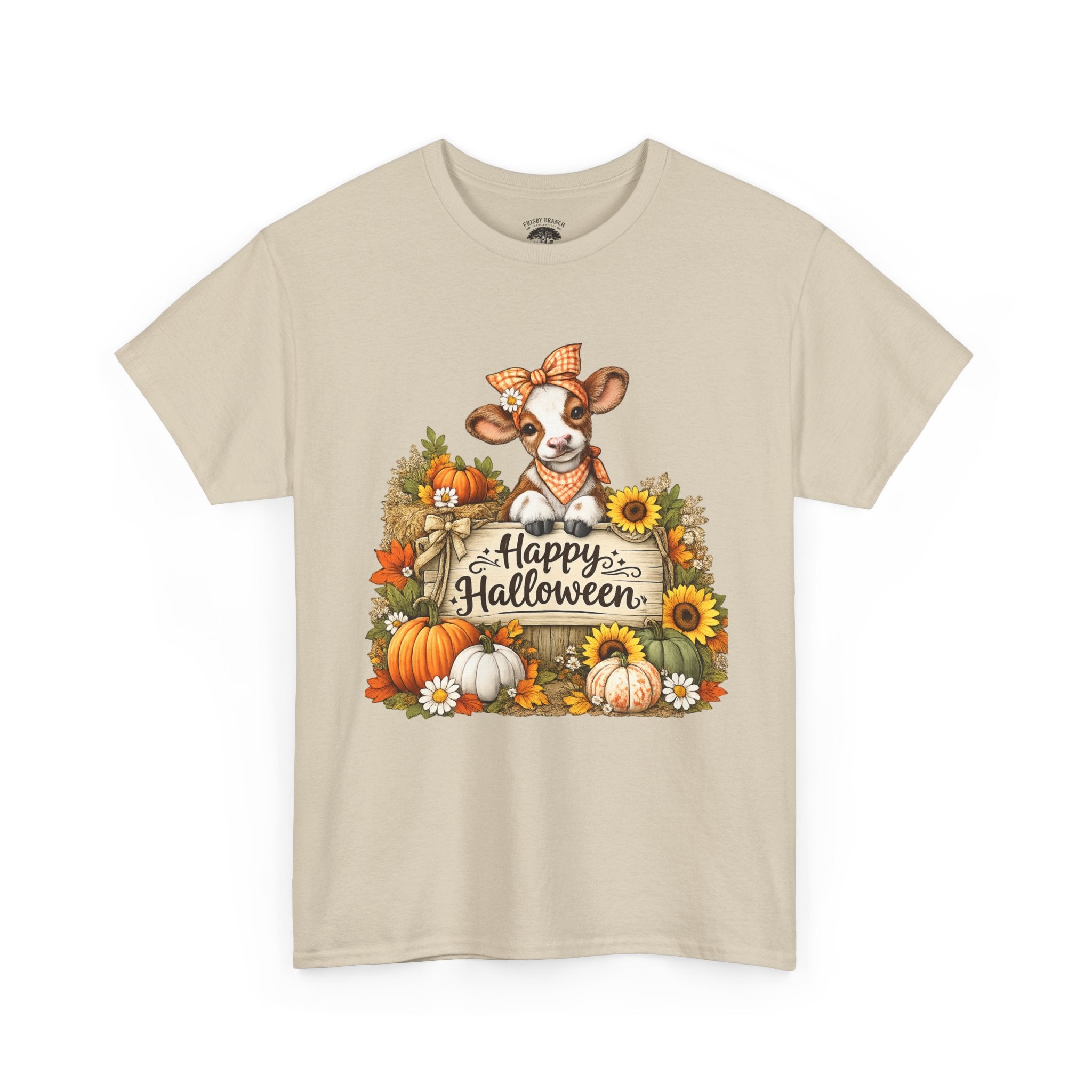 Halloween Cow T‑Shirt — Cute Cow with Pumpkins & "Happy Halloween" Fall Tee