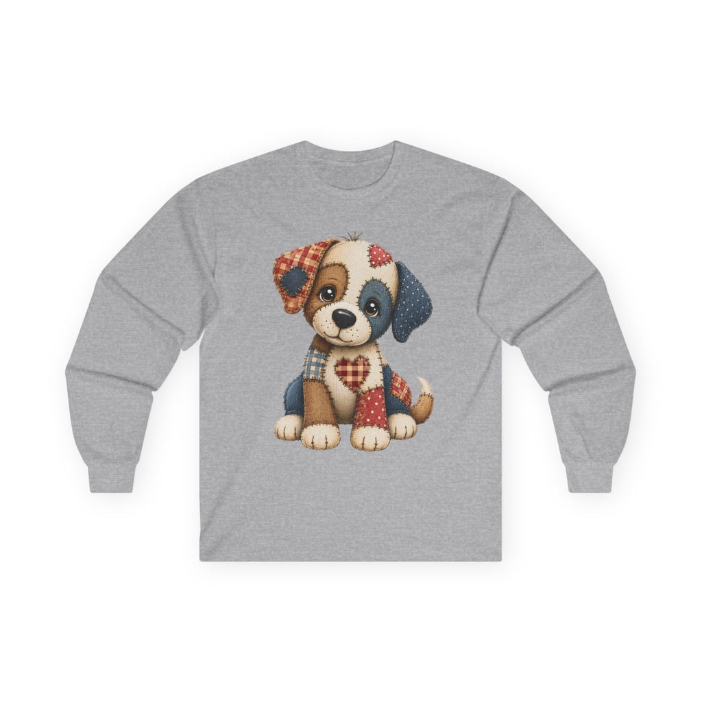 Cute Patchwork Puppy Long Sleeve Tee — Adorable Valentine Dog Graphic Shirt