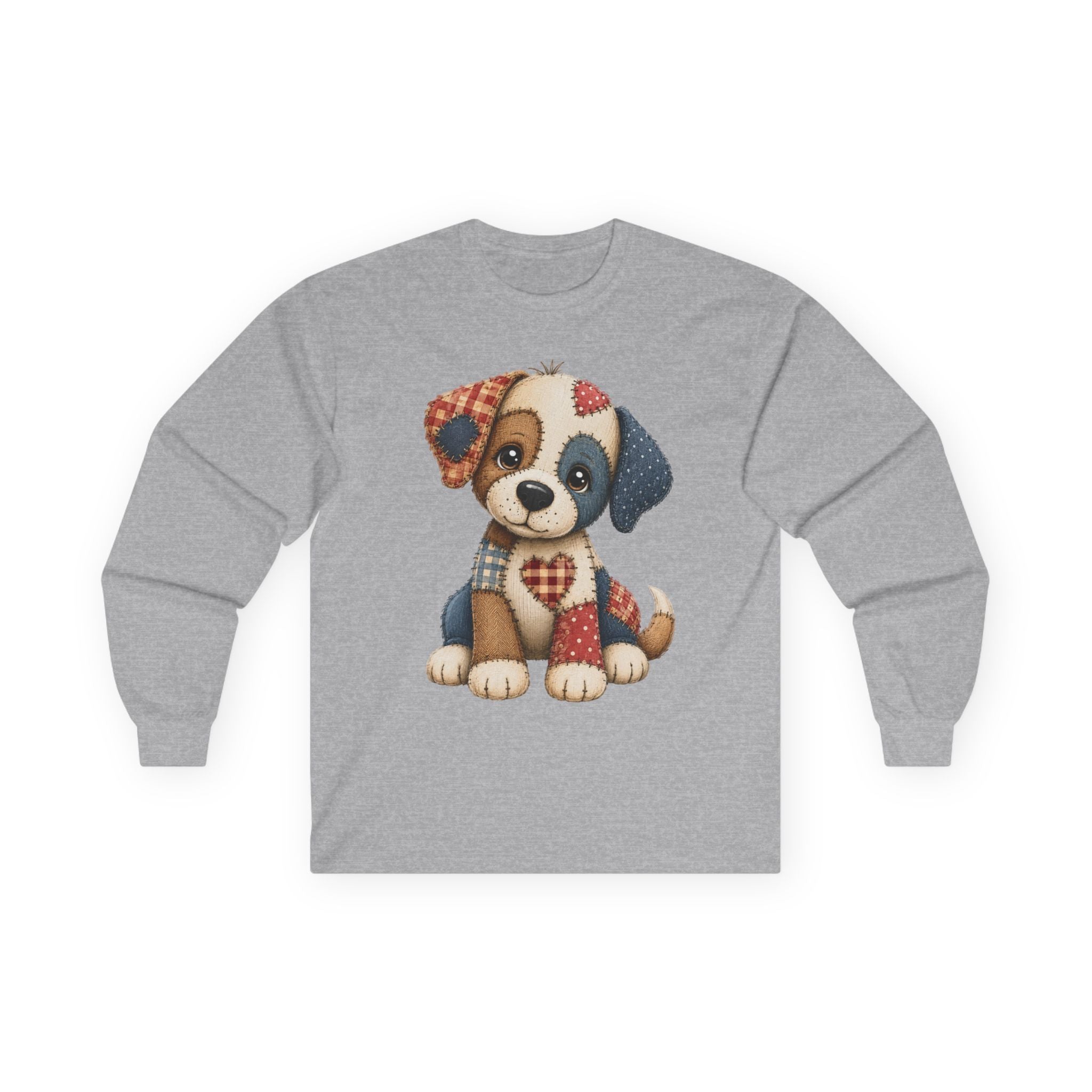 Cute Patchwork Puppy Long Sleeve Tee — Adorable Valentine Dog Graphic Shirt