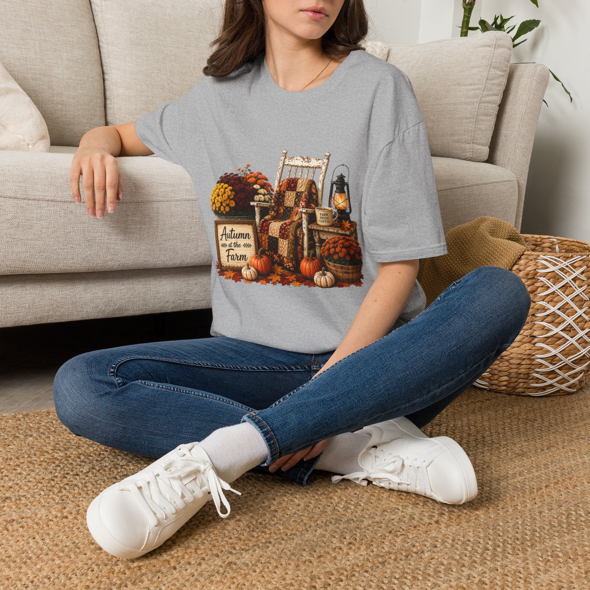 Fall Farmhouse Chair T‑Shirt — Autumn Pumpkins, Quilted Chair & Lantern Tee