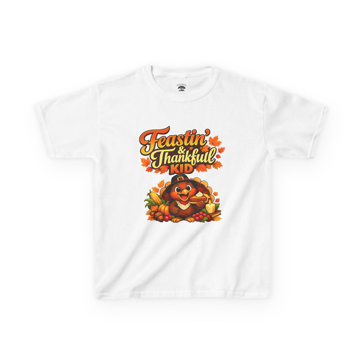 Kids Tee — "Feastin' & Thankful Kid" Thanksgiving Turkey Shirt