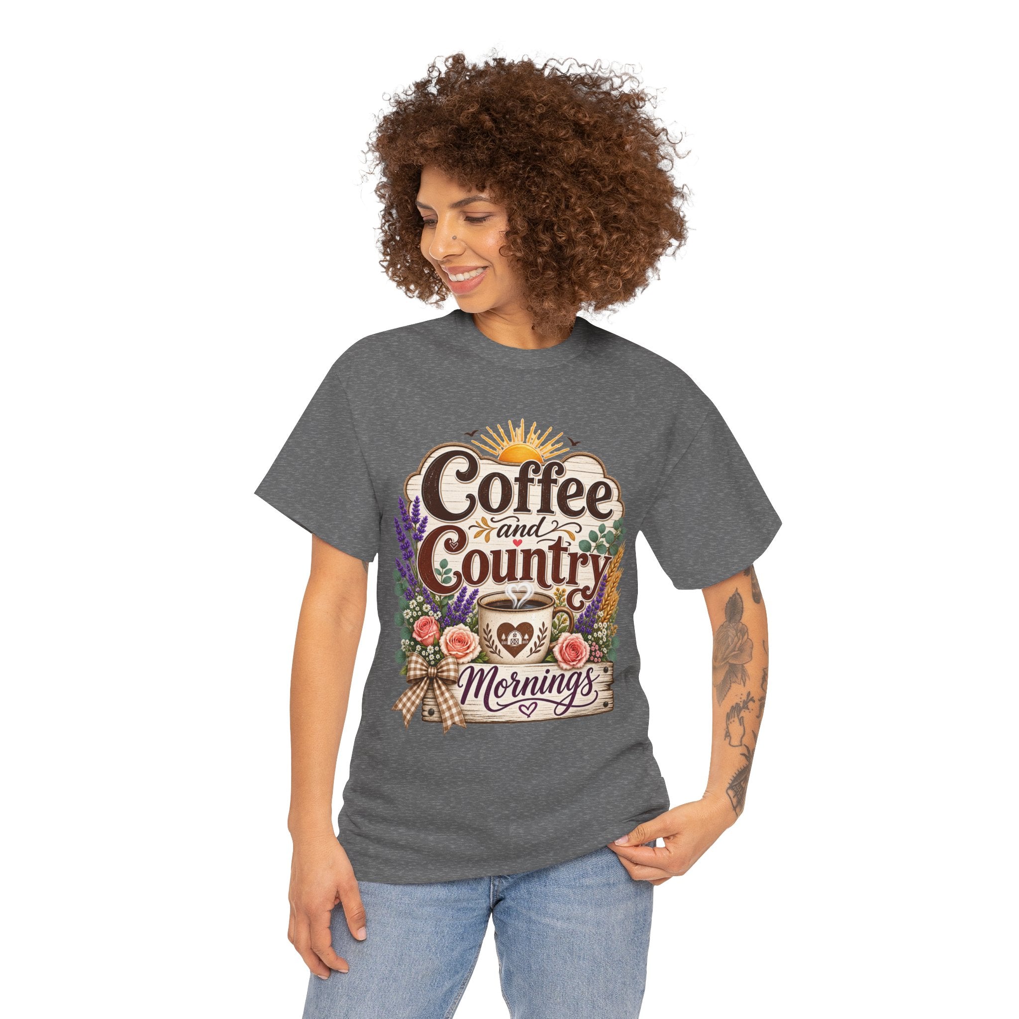 Coffee and Country Mornings Tee — Rustic Floral Coffee Lover Shirt