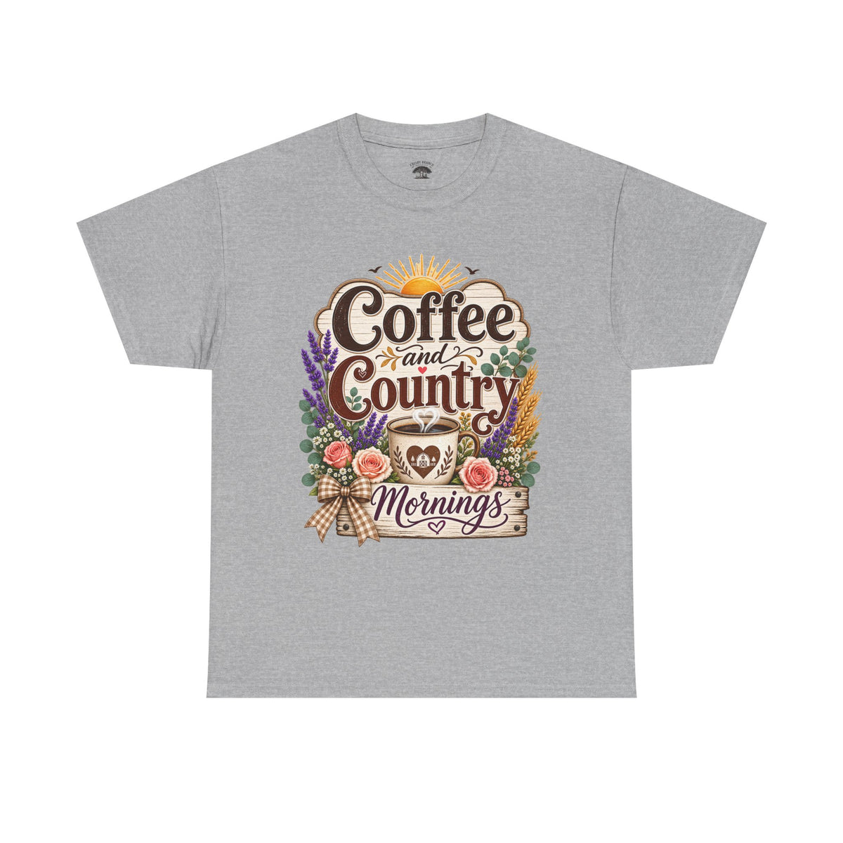Coffee and Country Mornings Tee — Rustic Floral Coffee Lover Shirt