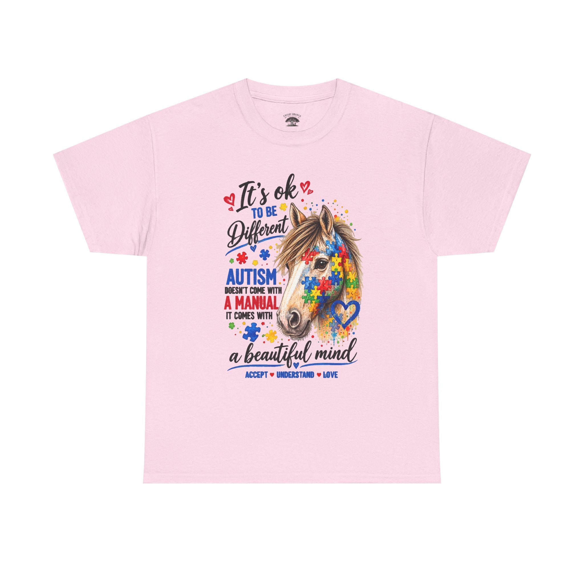 Autism Awareness Horse T-Shirt — "It's OK to Be Different" Puzzle Heart Tee