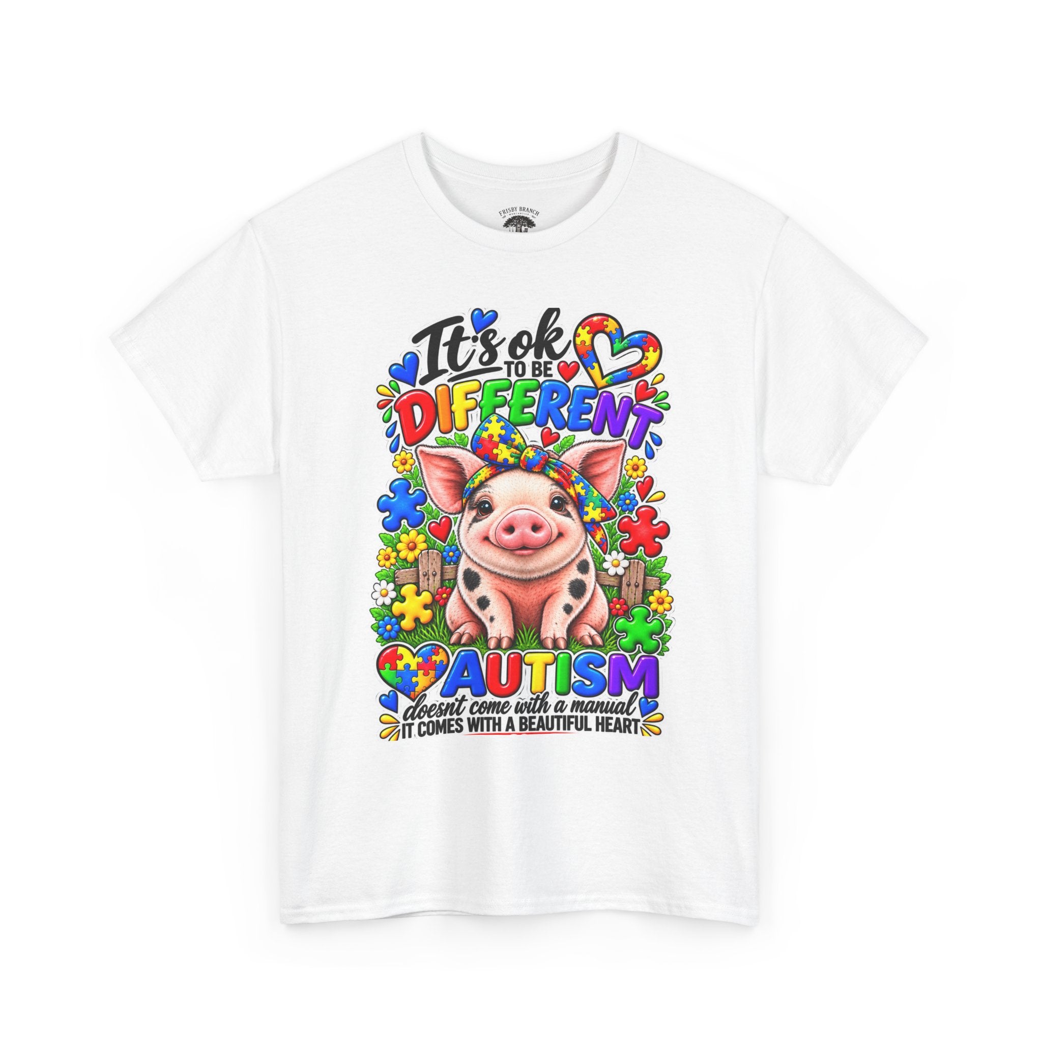 Autism Awareness Pig T-Shirt – "It's OK to Be Different" Colorful Puzzle Tee