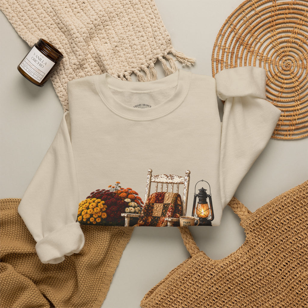 Autumn on the Farm Crewneck Sweatshirt — Fall Pumpkin & Mums Cozy Graphic