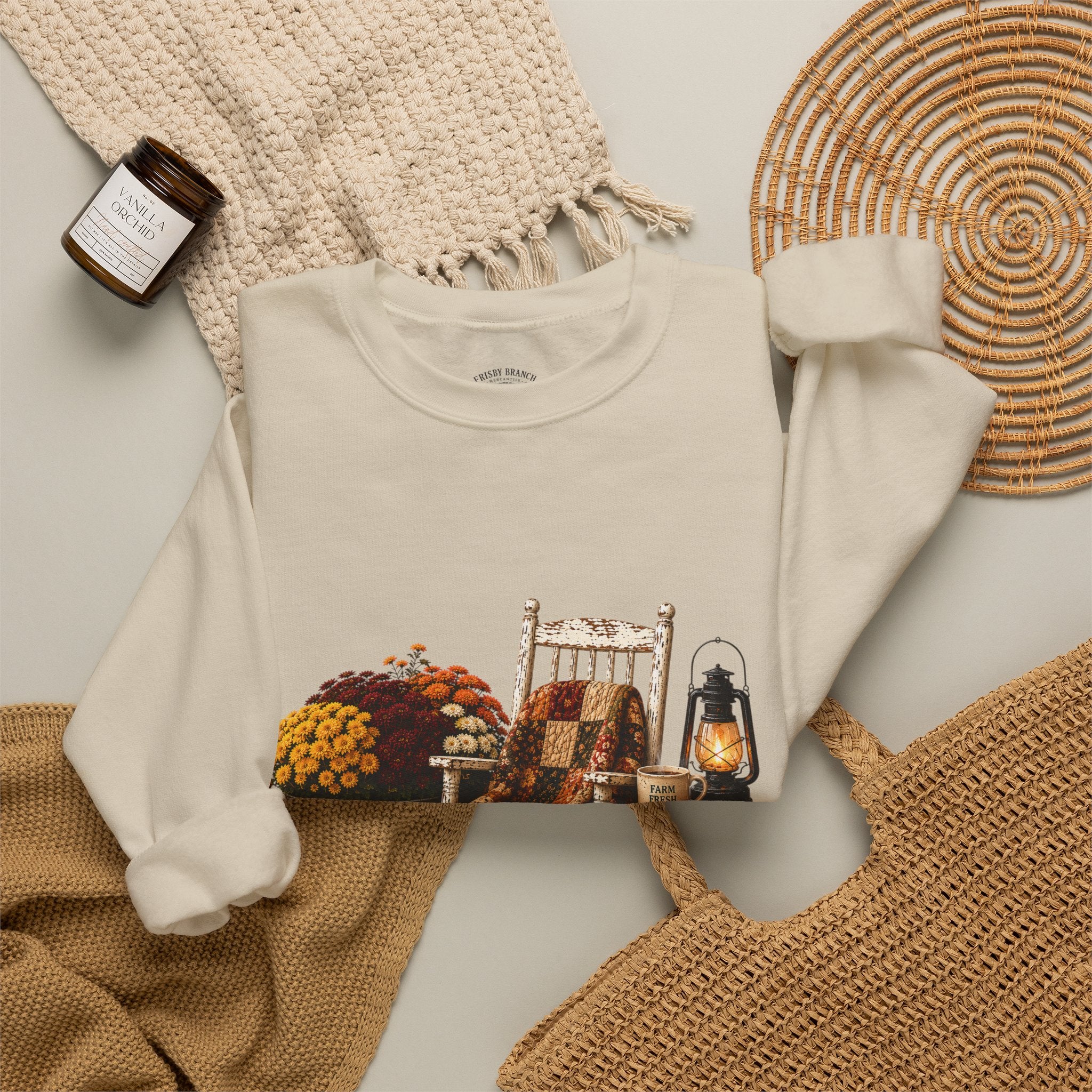 Autumn on the Farm Crewneck Sweatshirt — Fall Pumpkin & Mums Cozy Graphic