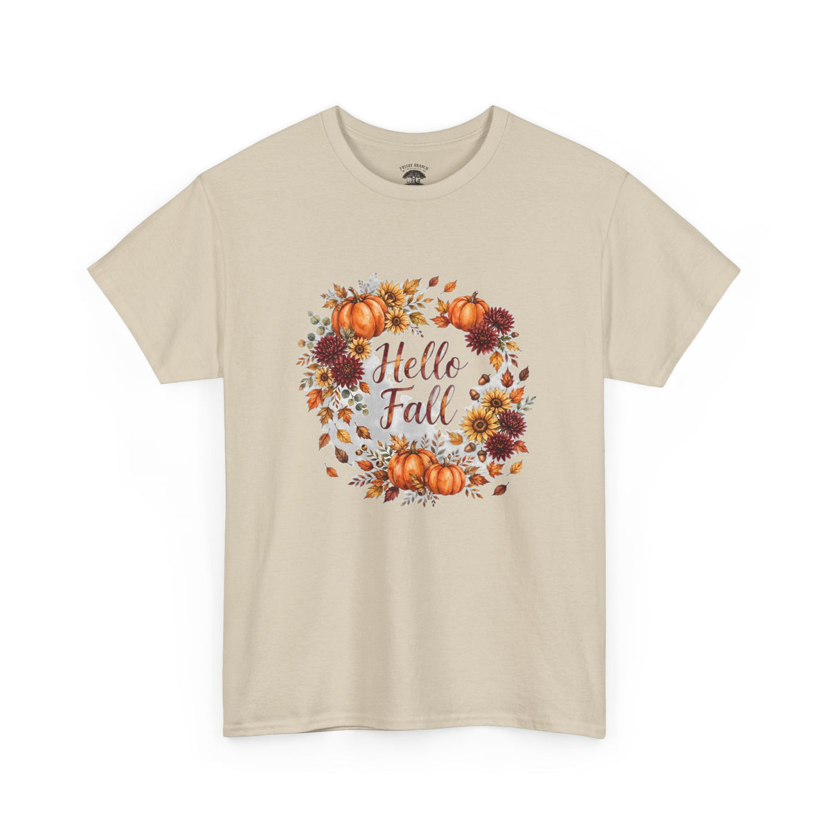Hello Fall Watercolor T-Shirt — Fall Pumpkins & Sunflowers Graphic Tee