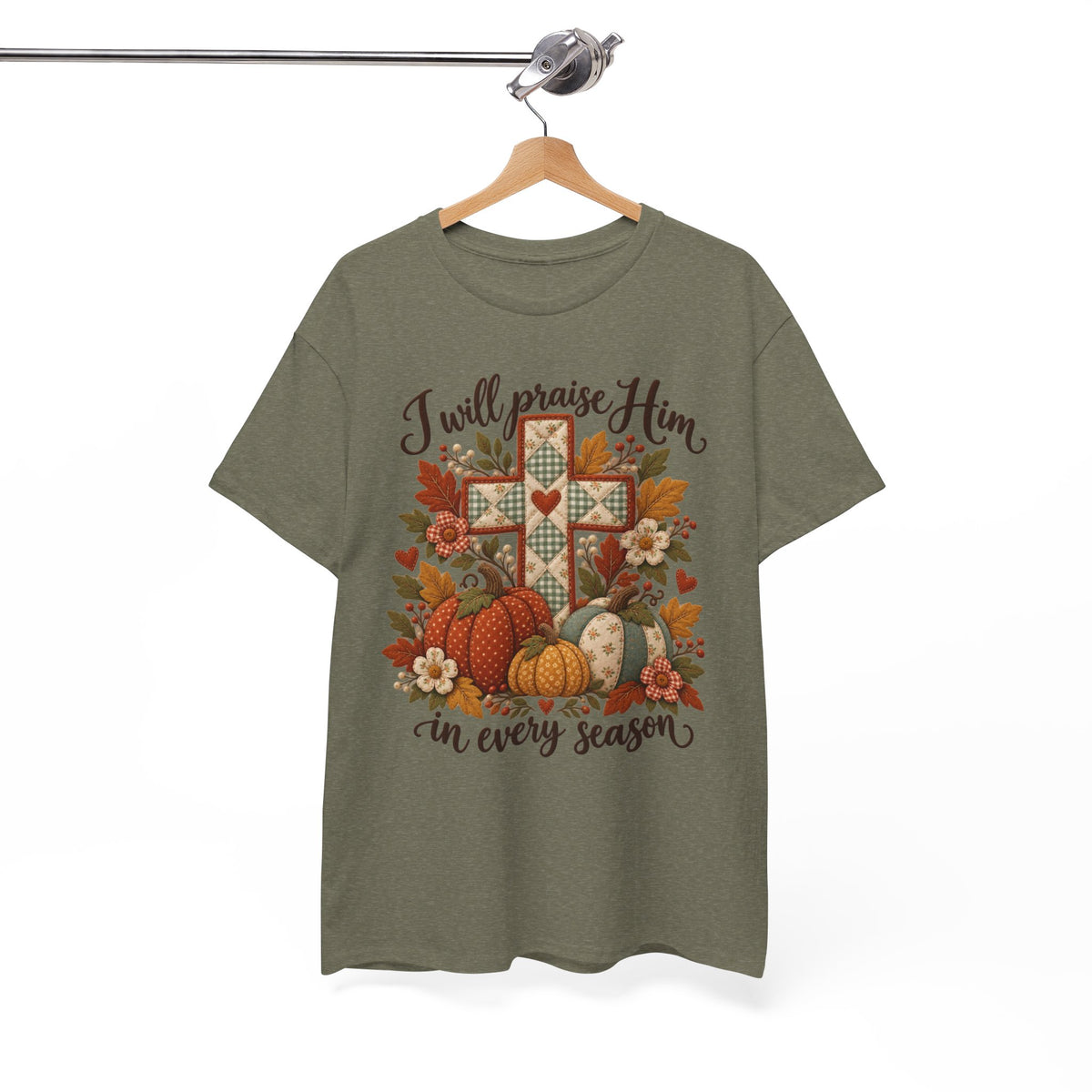 Praise Him in Every Season Tee — Autumn Christian Cross Shirt